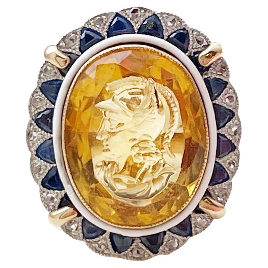Edwardian 14k Platinum Citrine Cameo Diamond and Sapphire Halo Cocktail Ring