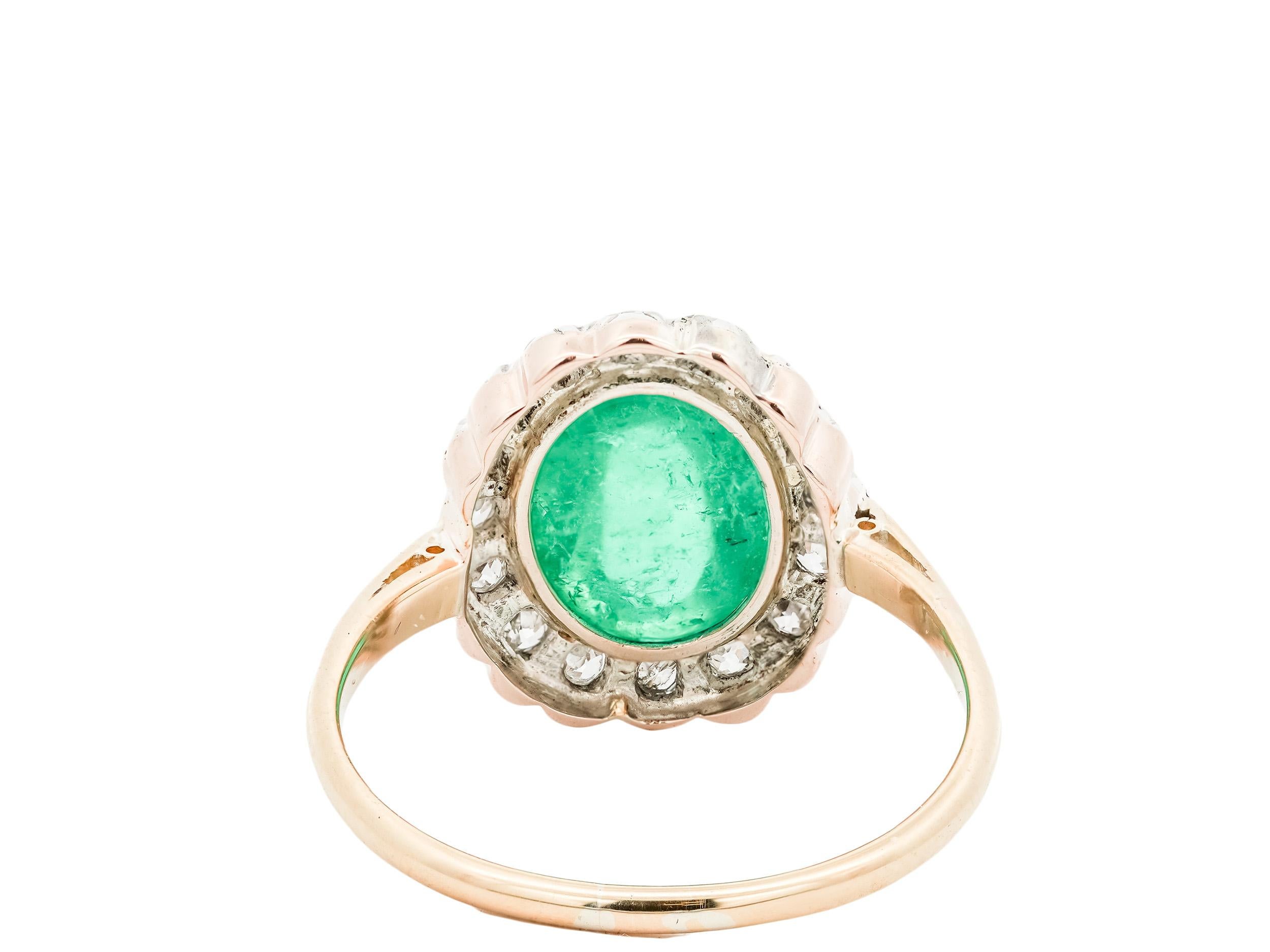 Edwardian 14k & Platinum Colombian Emerald Cabochon & Diamond Halo Ring For Sale 1