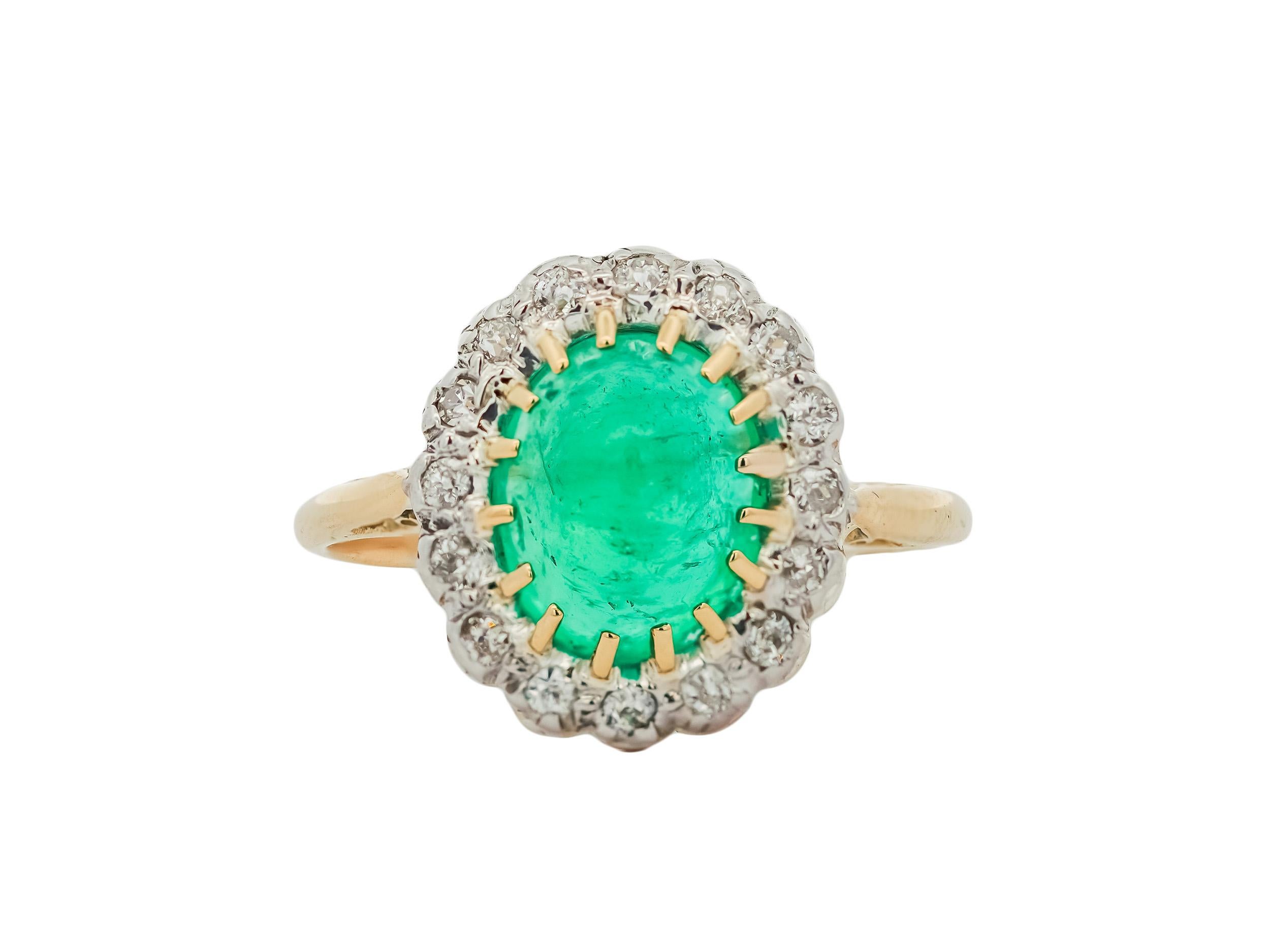 Edwardian 14k & Platinum Colombian Emerald Cabochon & Diamond Halo Ring For Sale