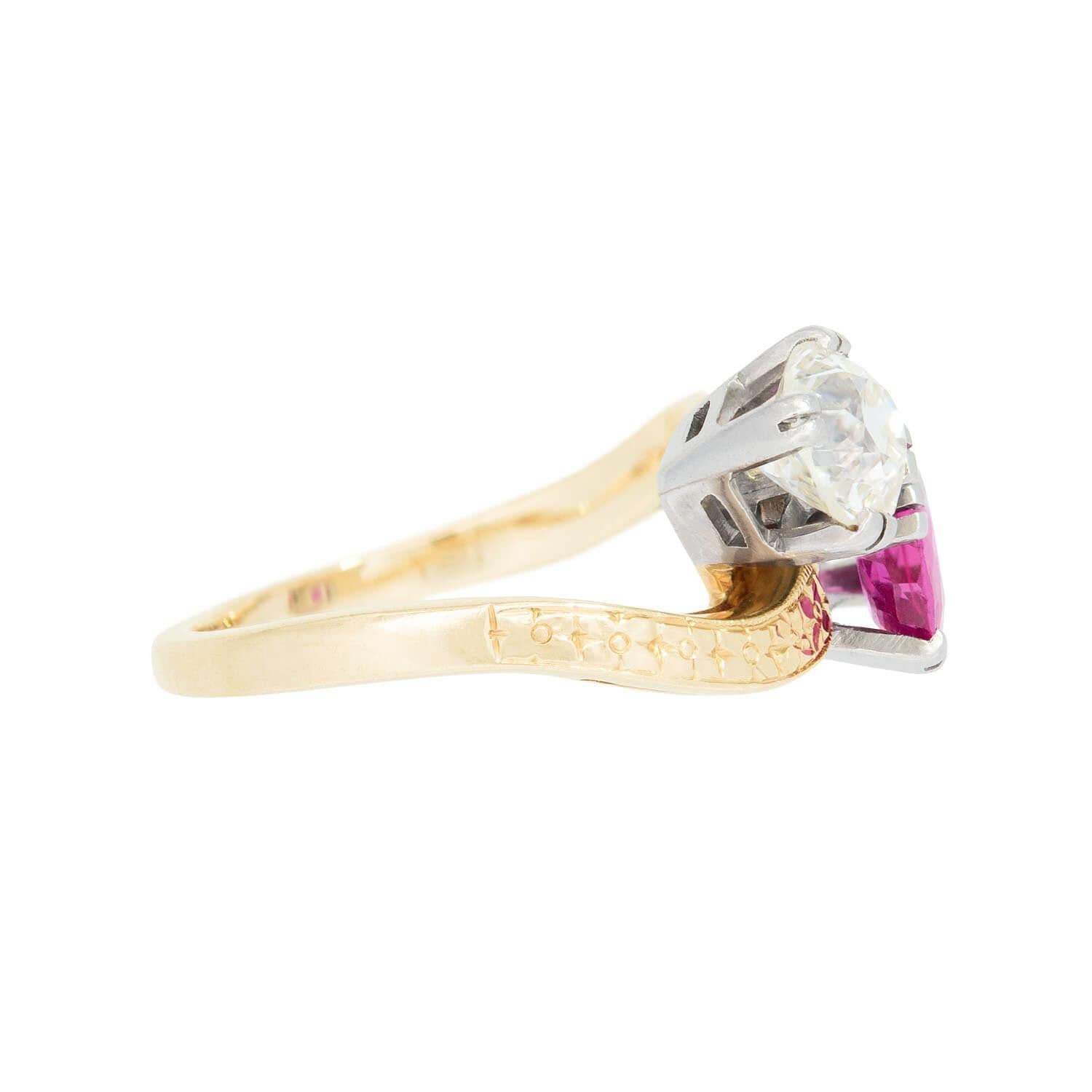 Old Mine Cut Edwardian 14k/Platinum Diamond and Ruby Moi Et Toi Ring For Sale