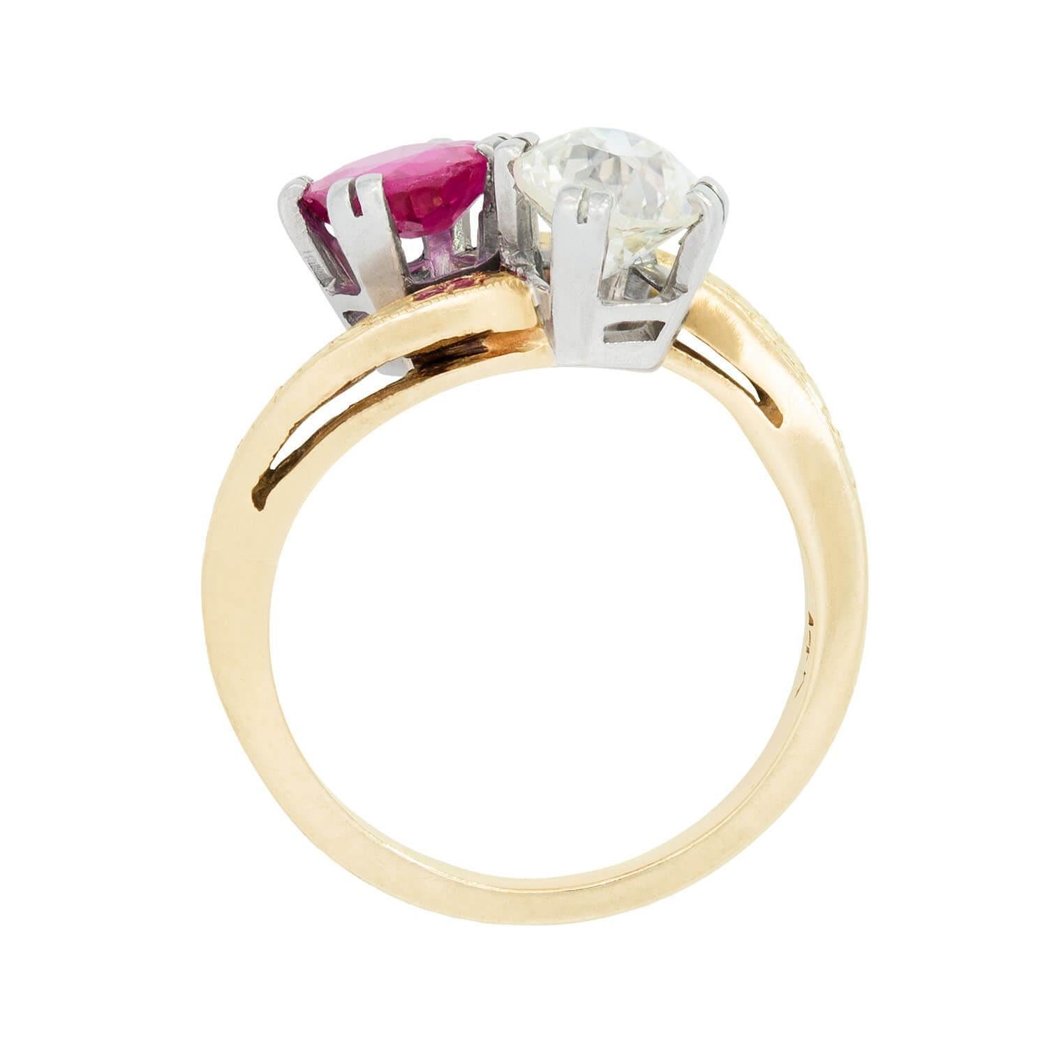 Edwardian 14k/Platinum Diamond and Ruby Moi Et Toi Ring In Good Condition For Sale In Narberth, PA