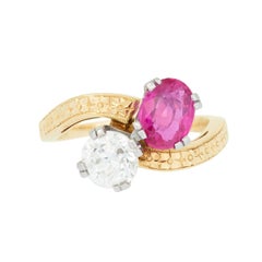 Edwardian 14k/Platin Diamant und Rubin Moi Et Toi Ring