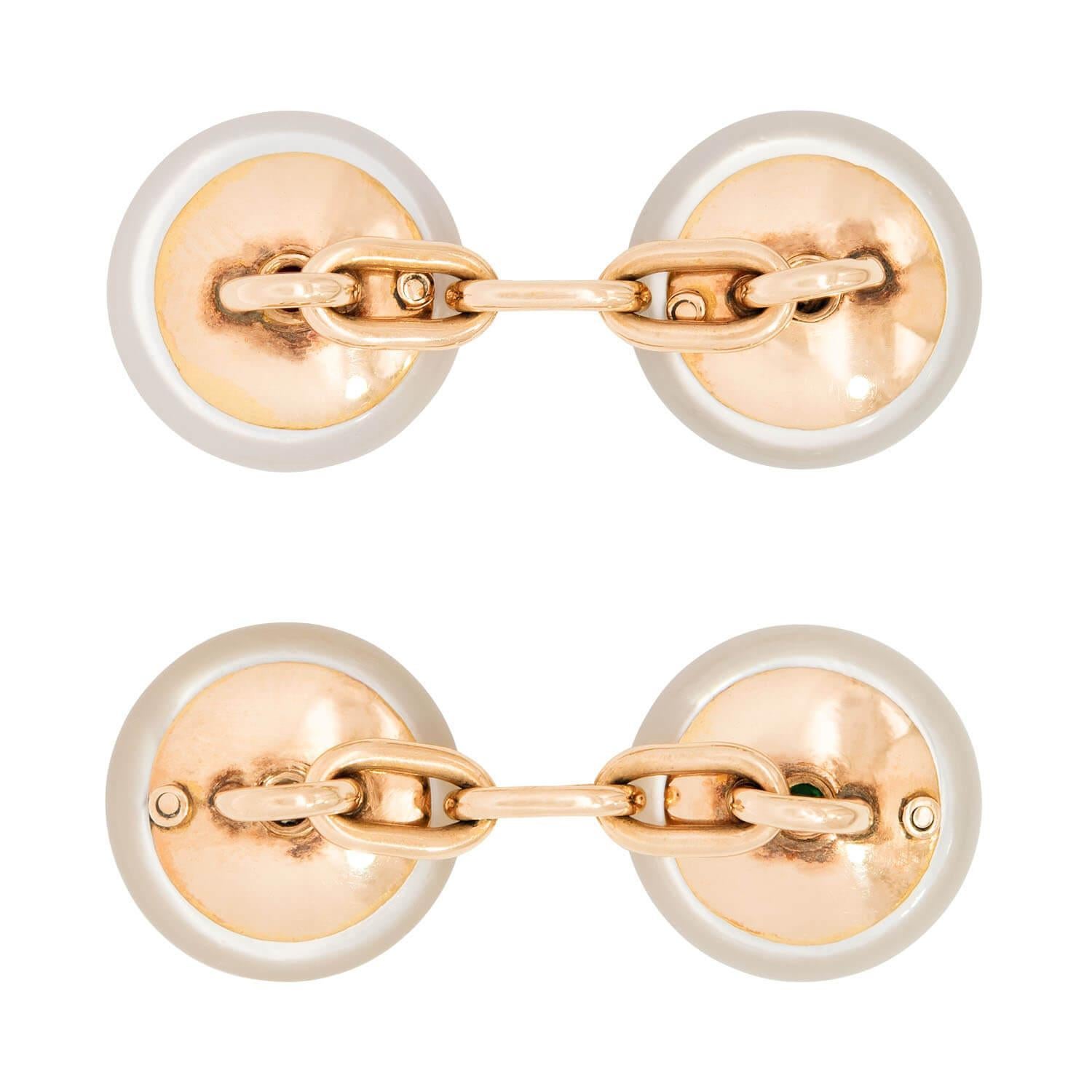 Édouardien Boutons de manchette édouardiens en nacre, diamant, rubis et émeraude 14k/platine en vente