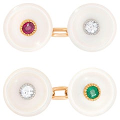 Edwardian 14k/Platin Perlmutt, Diamant, Rubin und Smaragd Manschettenknöpfe