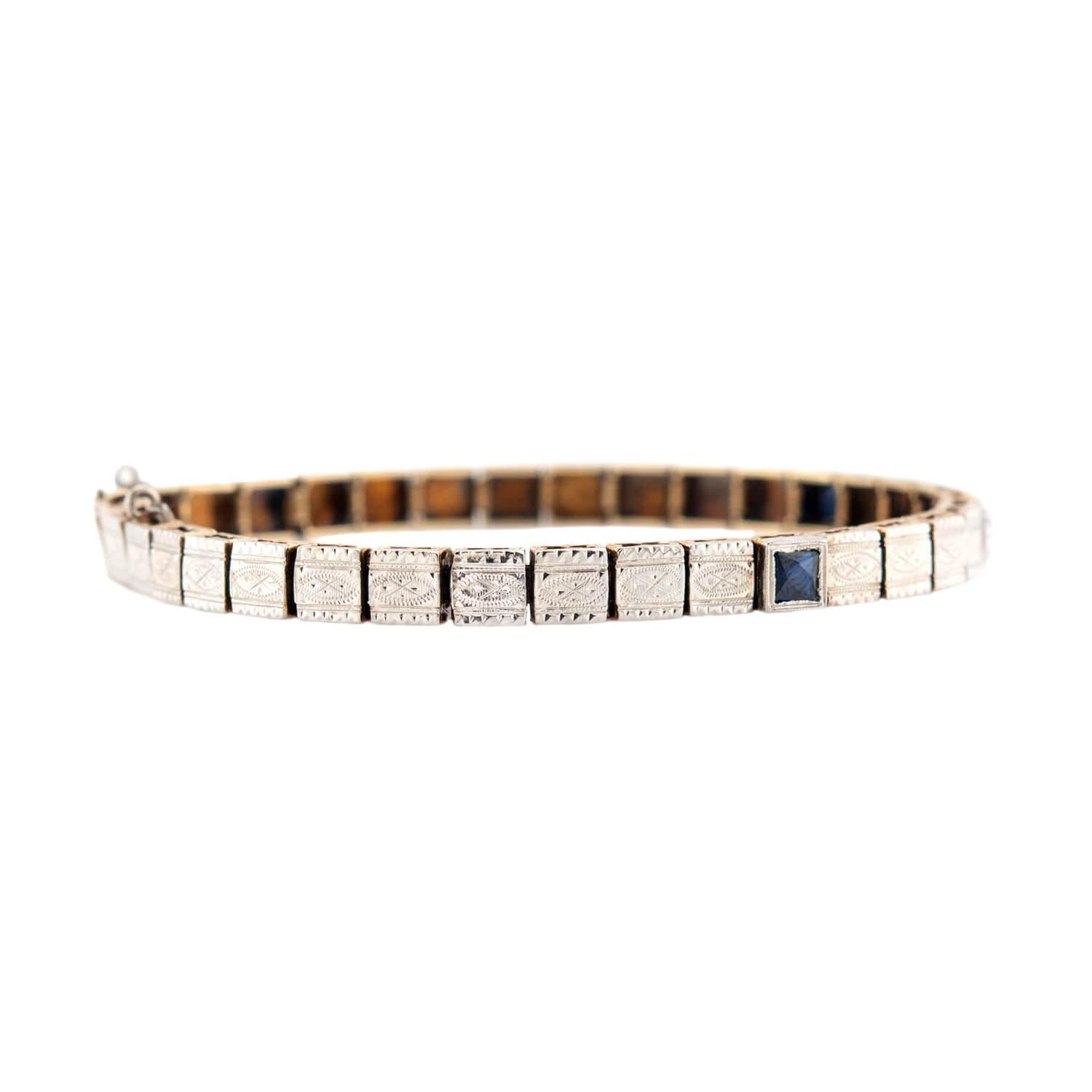 Taille française Bracelet édouardien 14k/Platine saphir et diamant ligne en vente