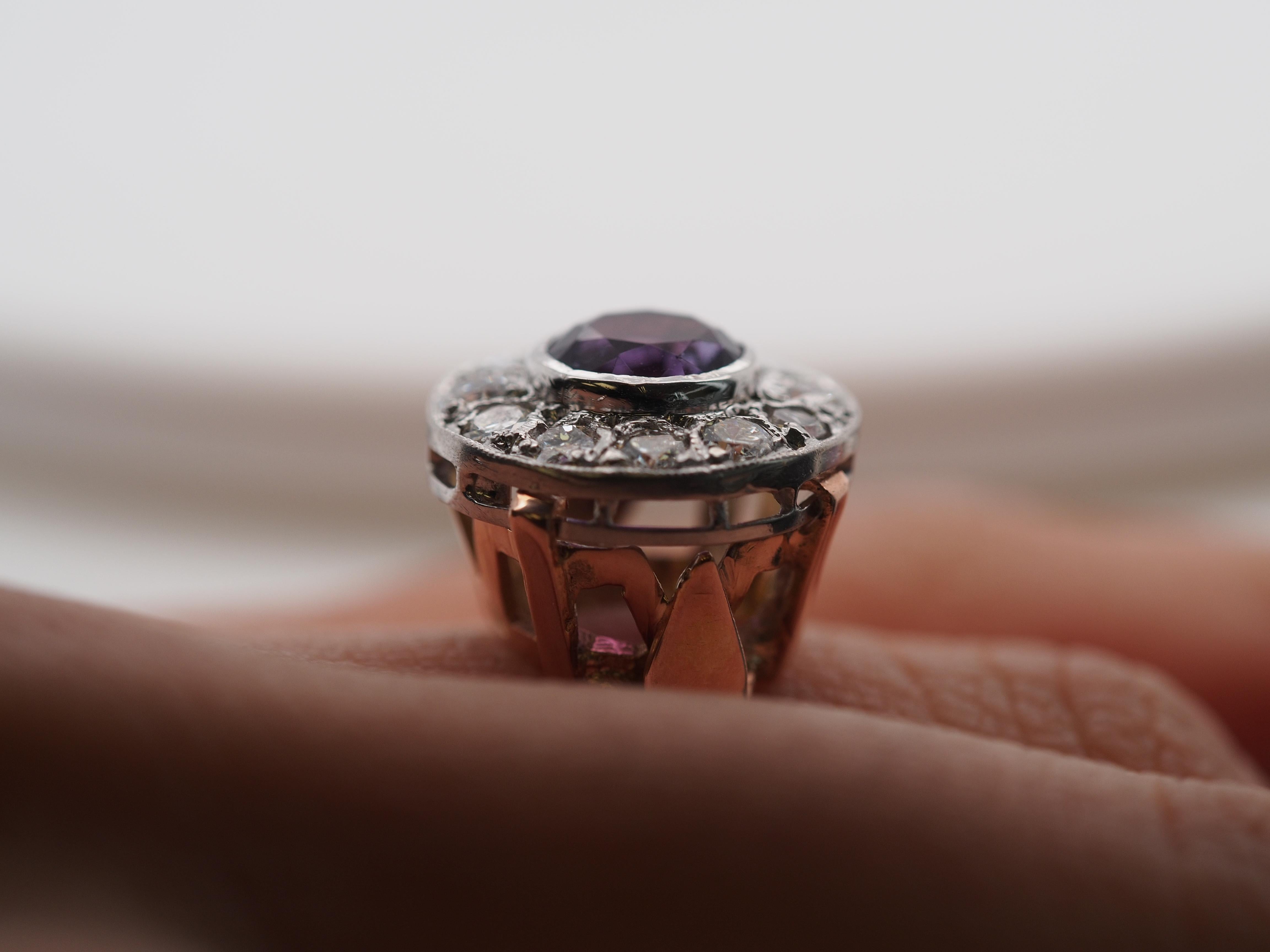 Edwardian 14k Rose Gold Amethyst and Diamond Halo Ring For Sale 6