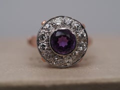Edwardianischer Halo-Ring aus 14 Karat Roségold mit Amethyst und Diamant