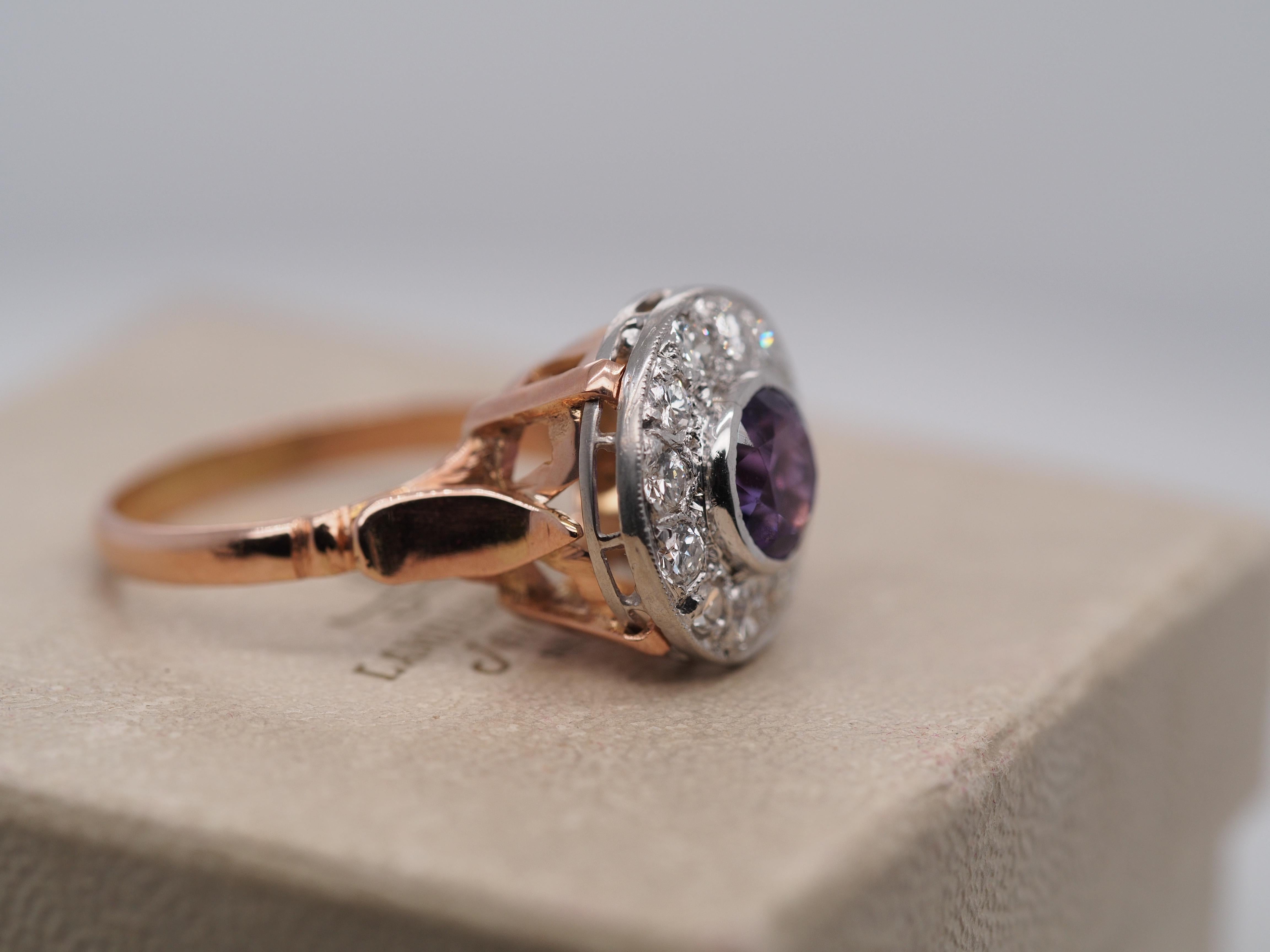 Edwardian 14k Rose Gold Amethyst and Diamond Halo Ring In Good Condition For Sale In Atlanta, GA