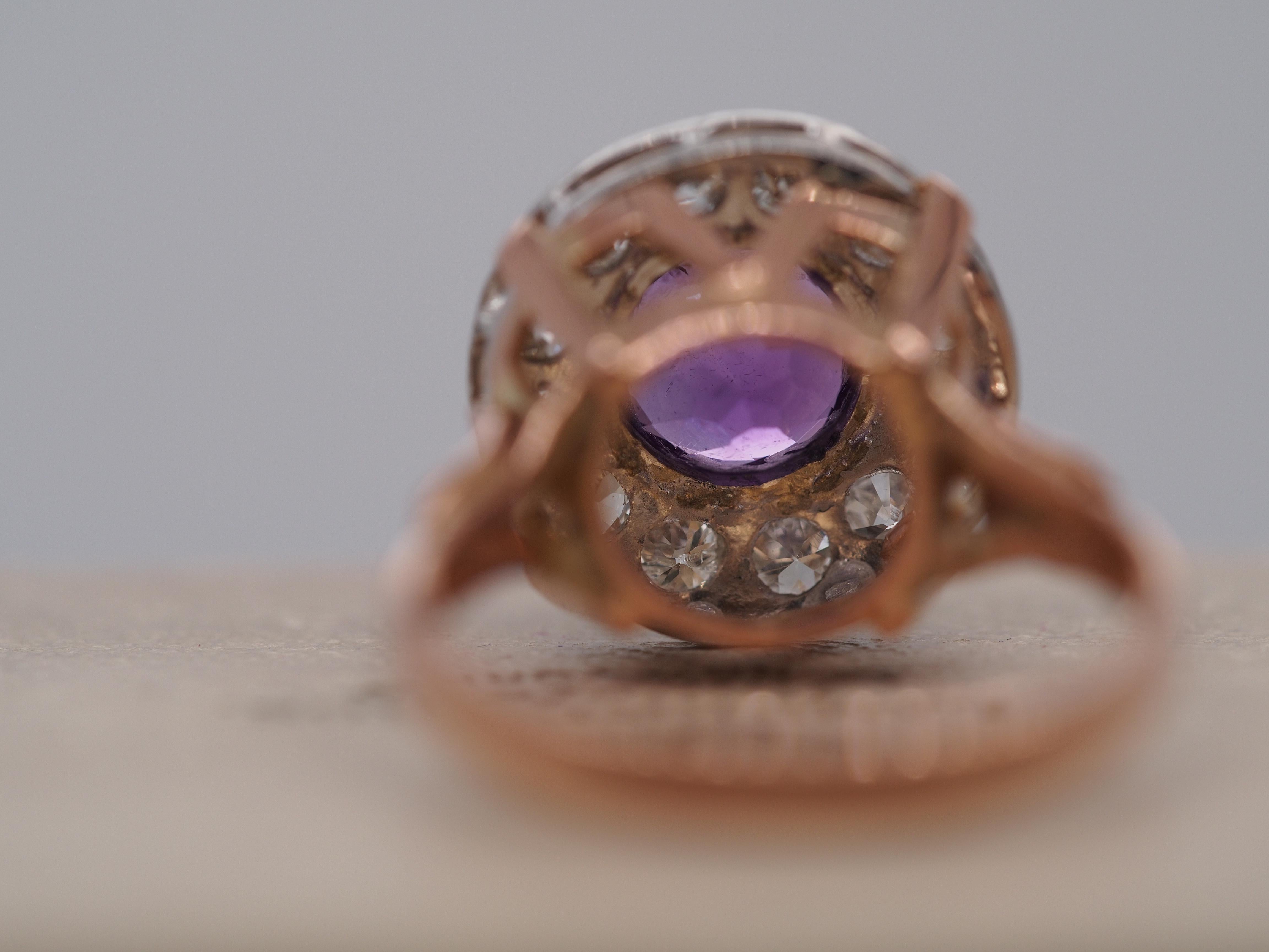 Women's or Men's Edwardian 14k Rose Gold Amethyst and Diamond Halo Ring For Sale