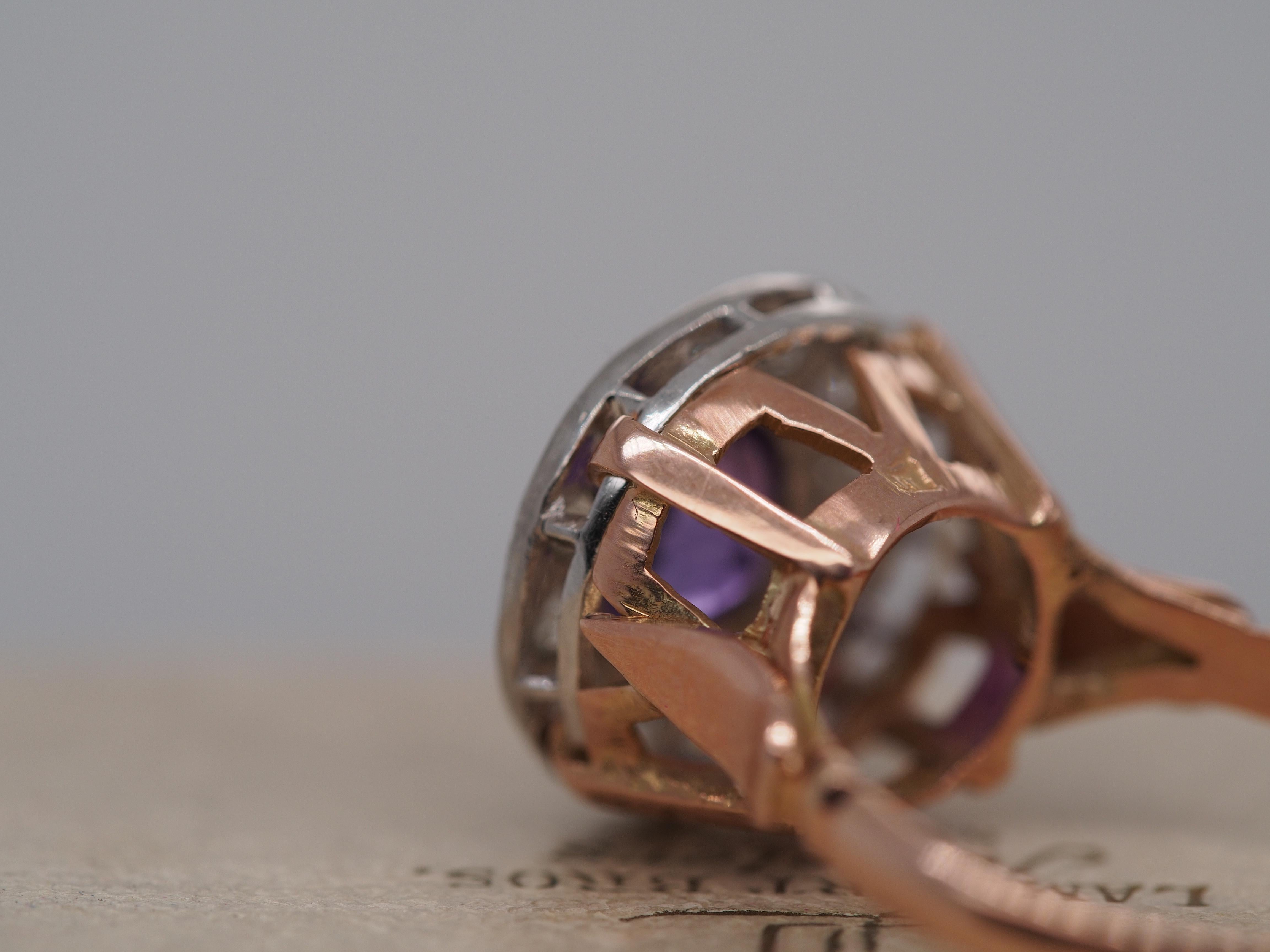 Edwardian 14k Rose Gold Amethyst and Diamond Halo Ring For Sale 1