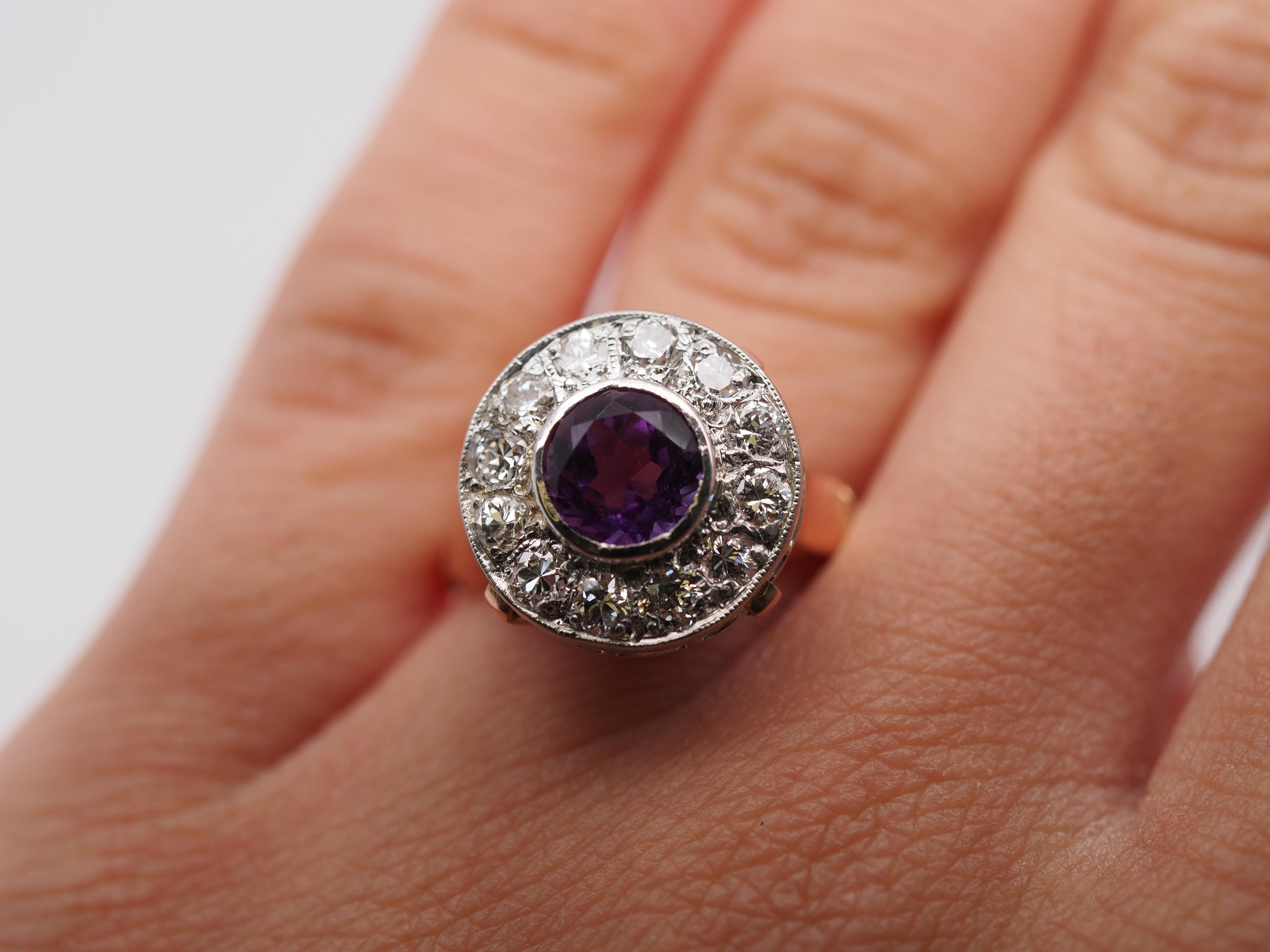 Edwardian 14k Rose Gold Amethyst and Diamond Halo Ring For Sale 3