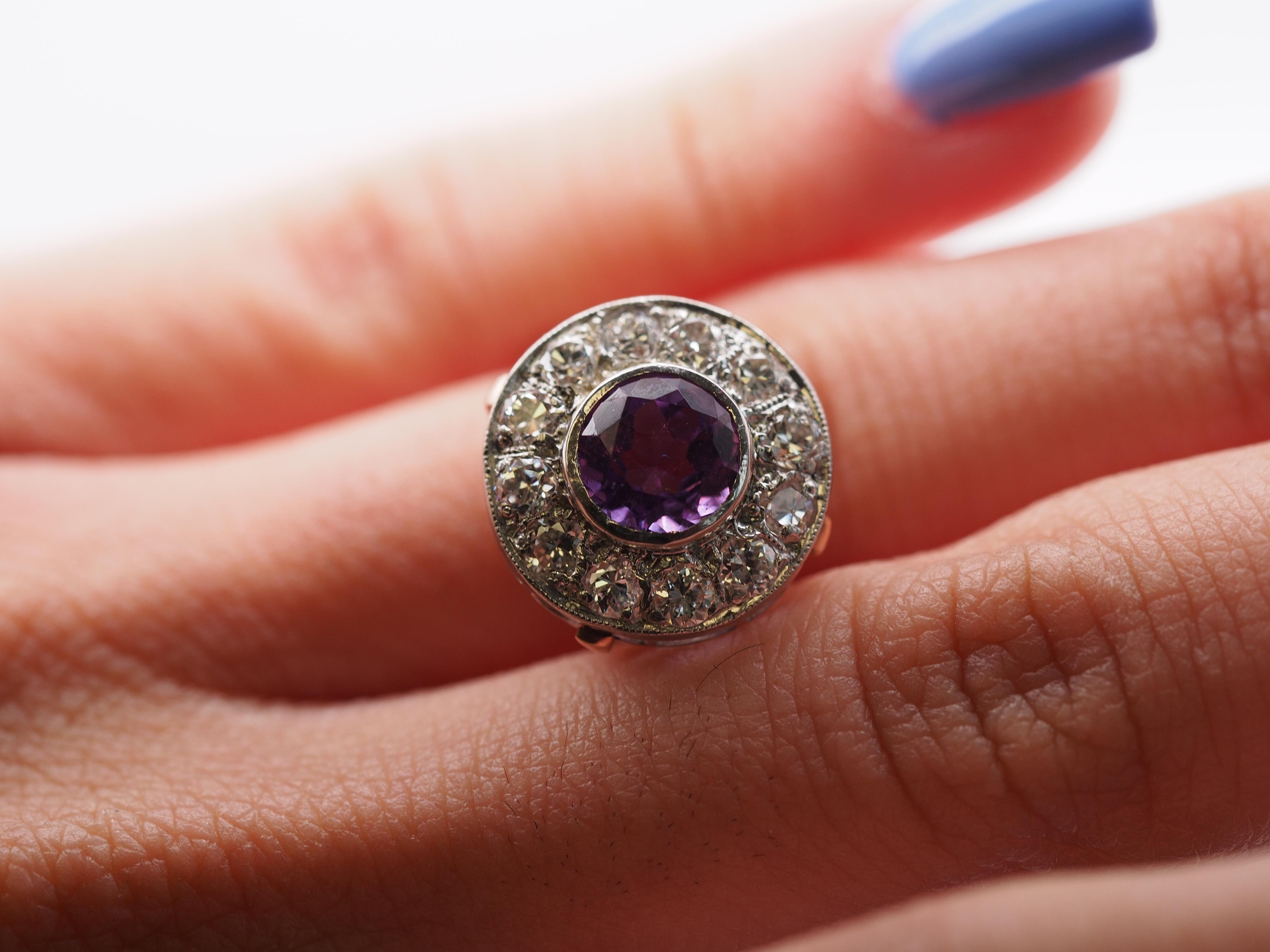 Edwardian 14k Rose Gold Amethyst and Diamond Halo Ring For Sale 4