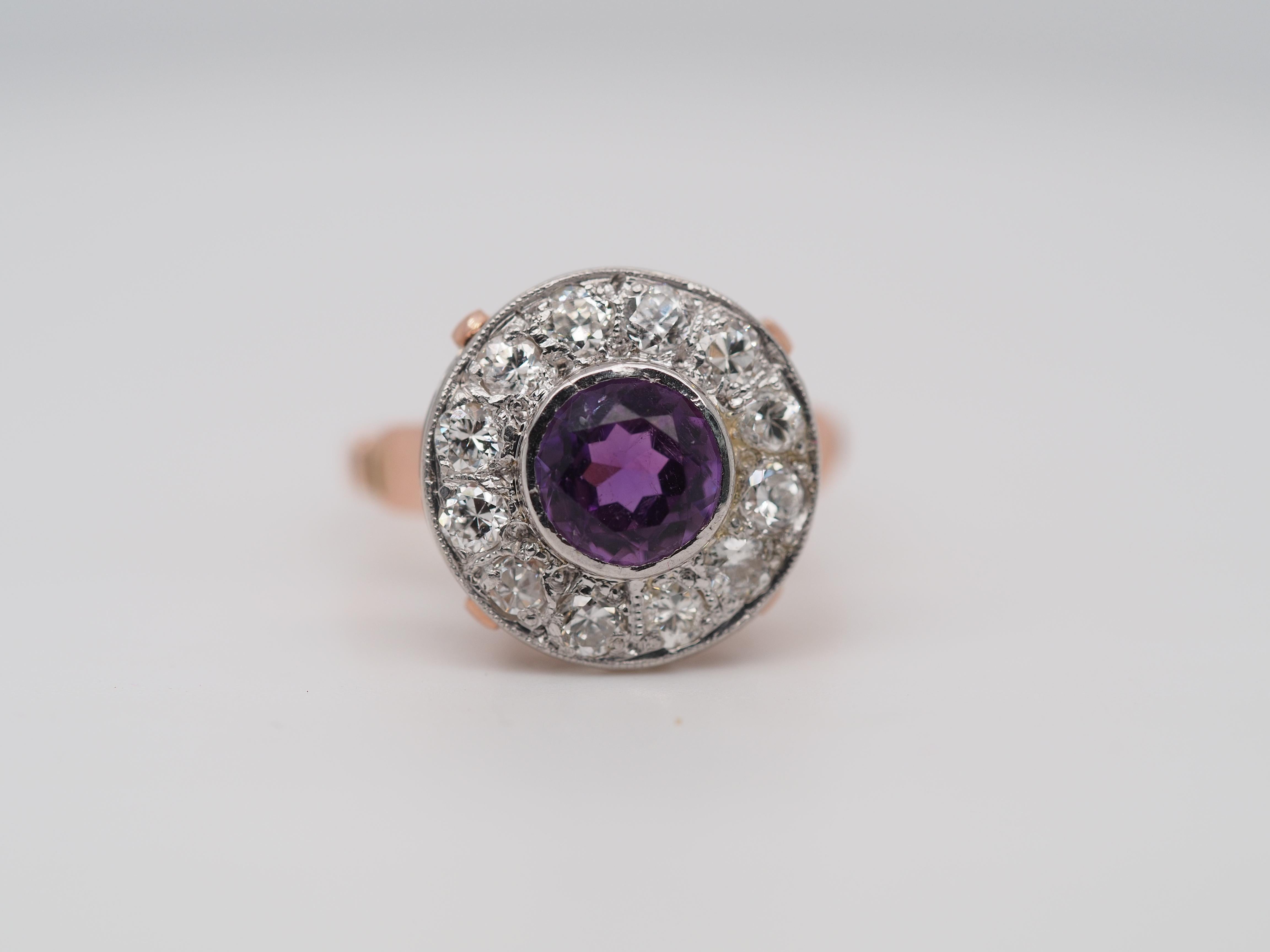 Edwardian 14k Rose Gold Amethyst and Diamond Halo Ring For Sale