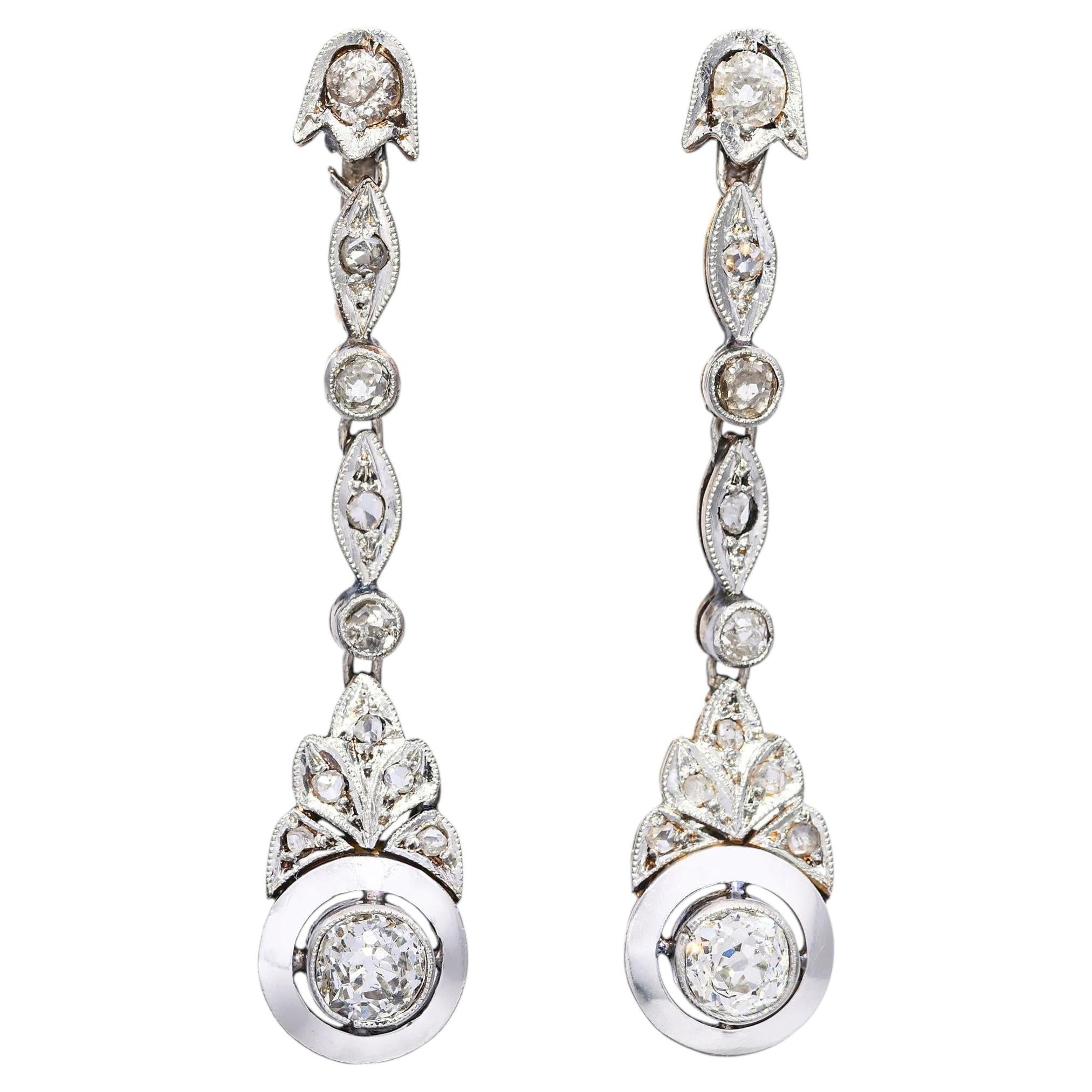 Edwardian 14k Rose Gold & Platinum 1.71tcw Old European Diamond Drop Earrings