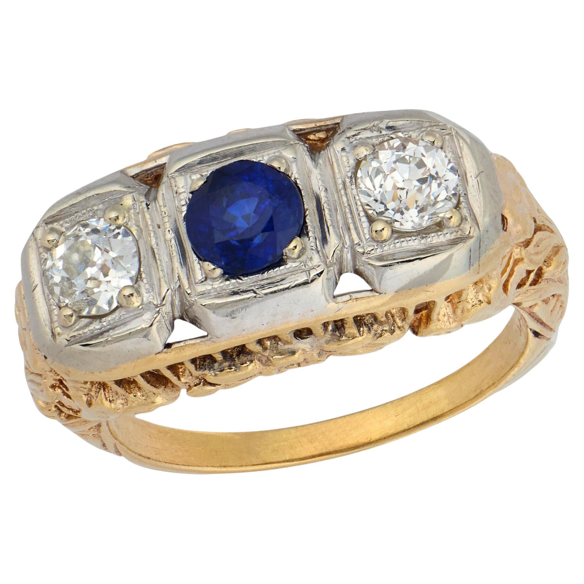 Edwardian 14k Sapphire & Diamond Three Stone Ring For Sale
