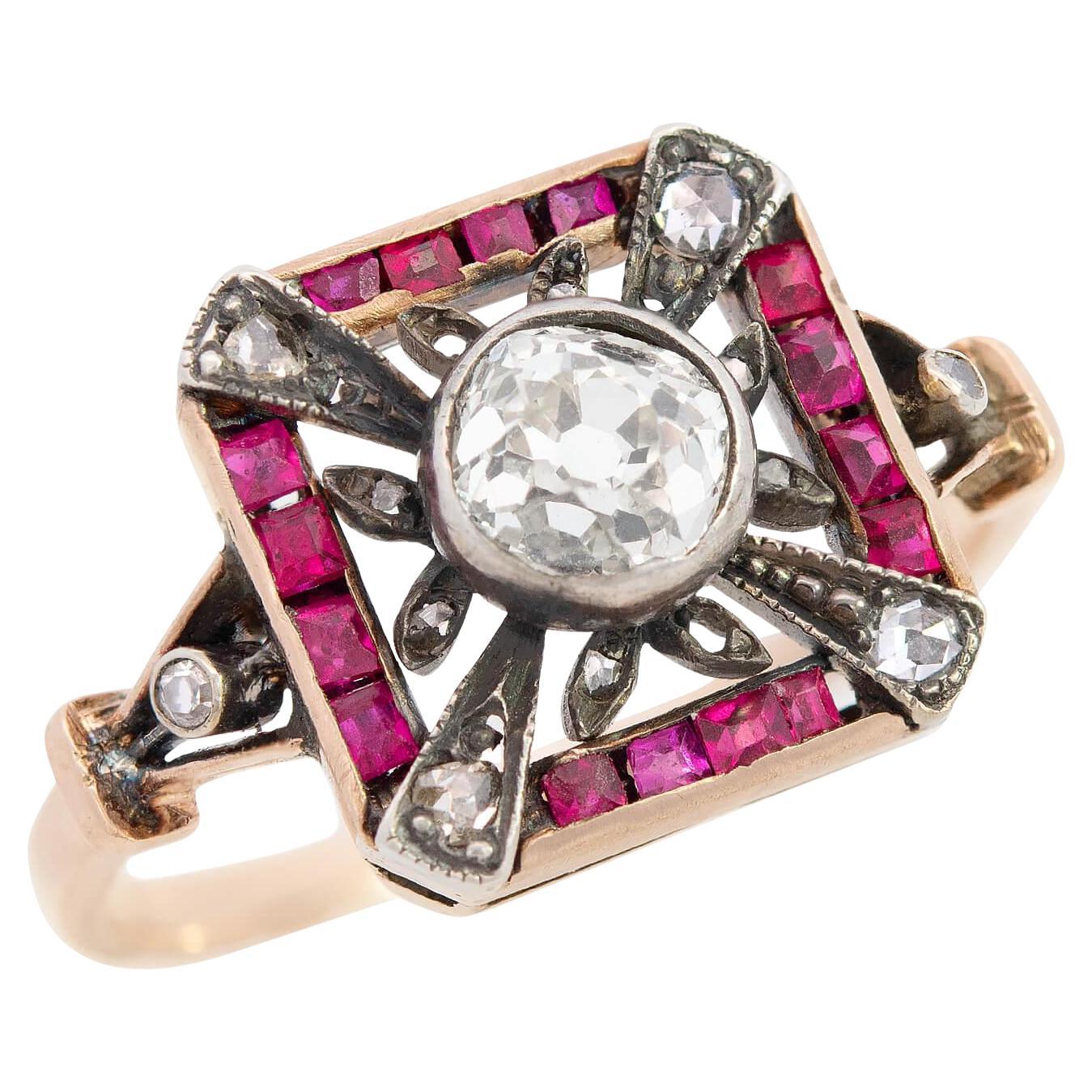 Edwardian 14k/Sterling Silver Diamond and Ruby Ring