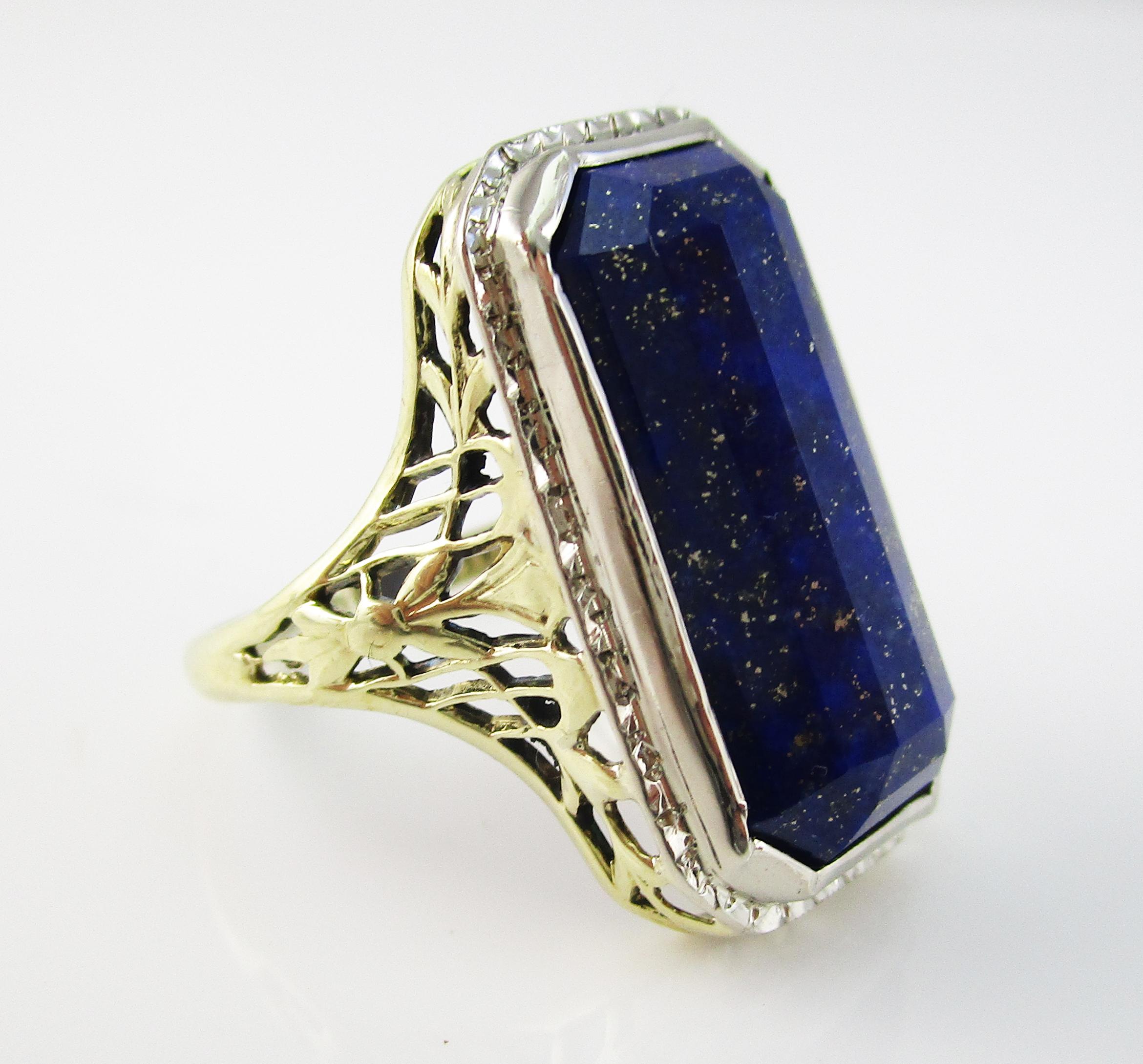 Emerald Cut Edwardian 14K White and Green Gold Filigree Faceted Blue Lapis Statement Ring