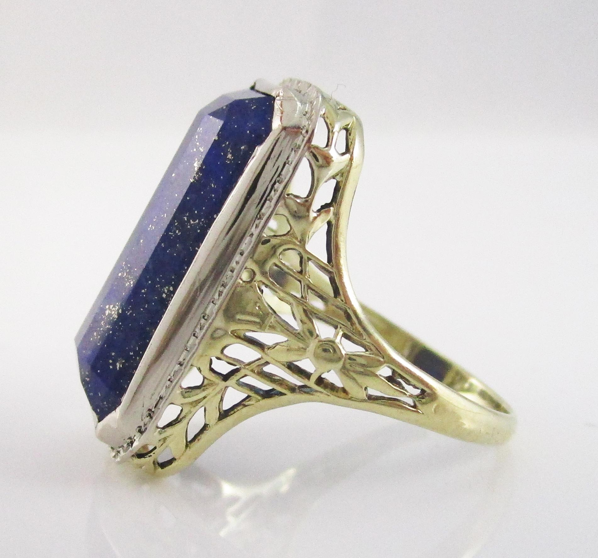 Women's or Men's Edwardian 14K White and Green Gold Filigree Faceted Blue Lapis Statement Ring