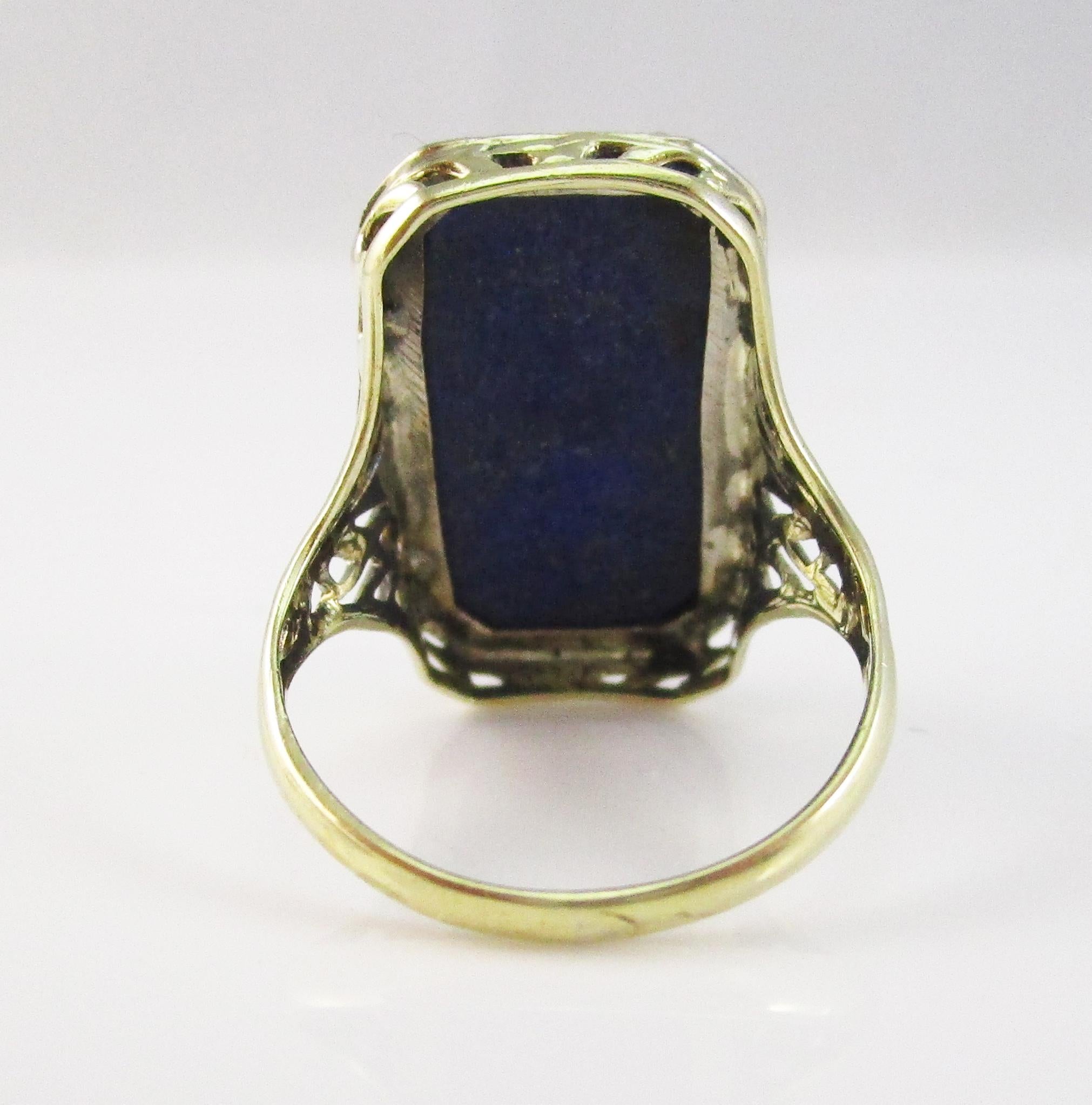 Edwardian 14K White and Green Gold Filigree Faceted Blue Lapis Statement Ring 1