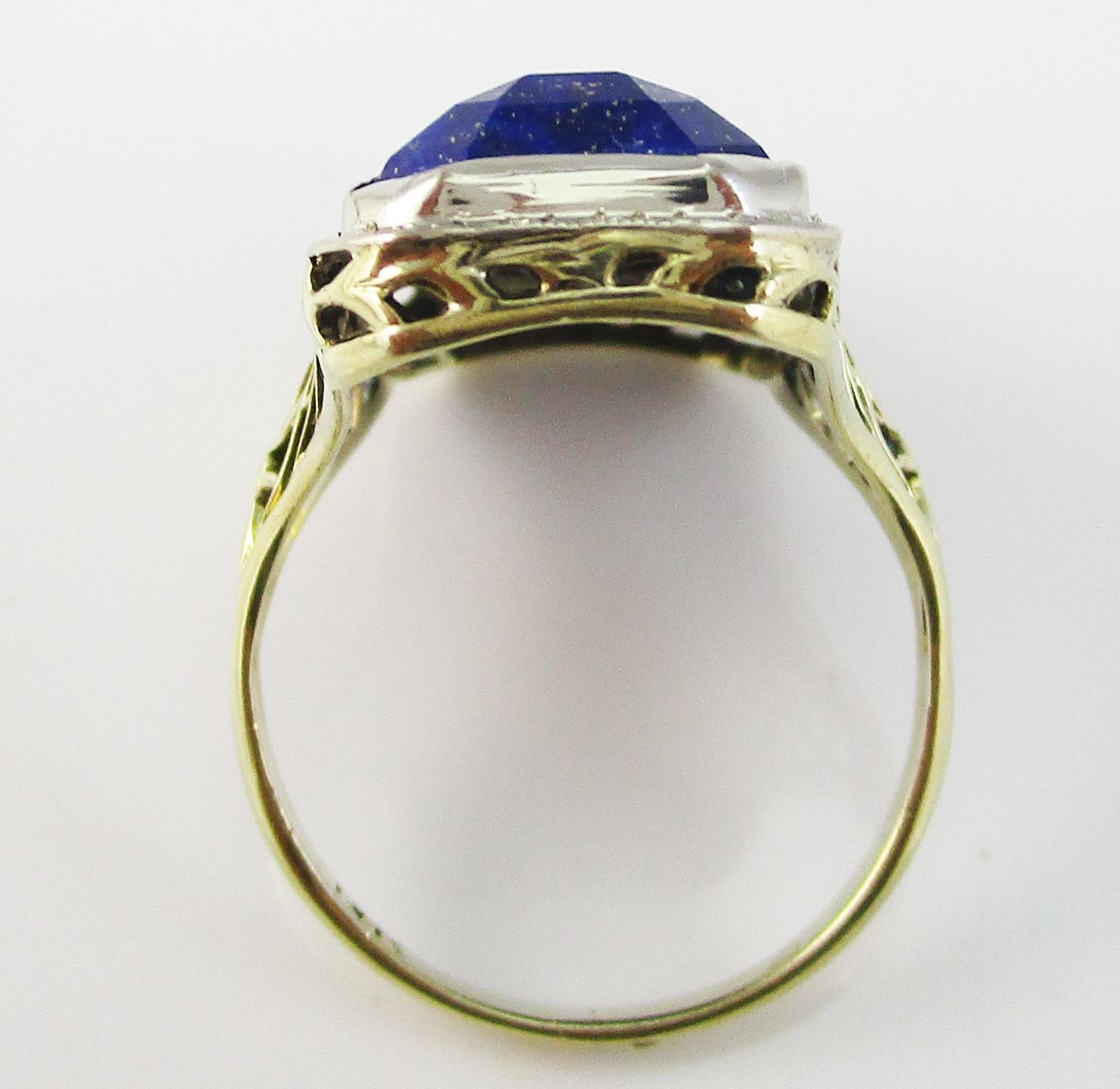 Edwardian 14K White and Green Gold Filigree Faceted Blue Lapis Statement Ring 2