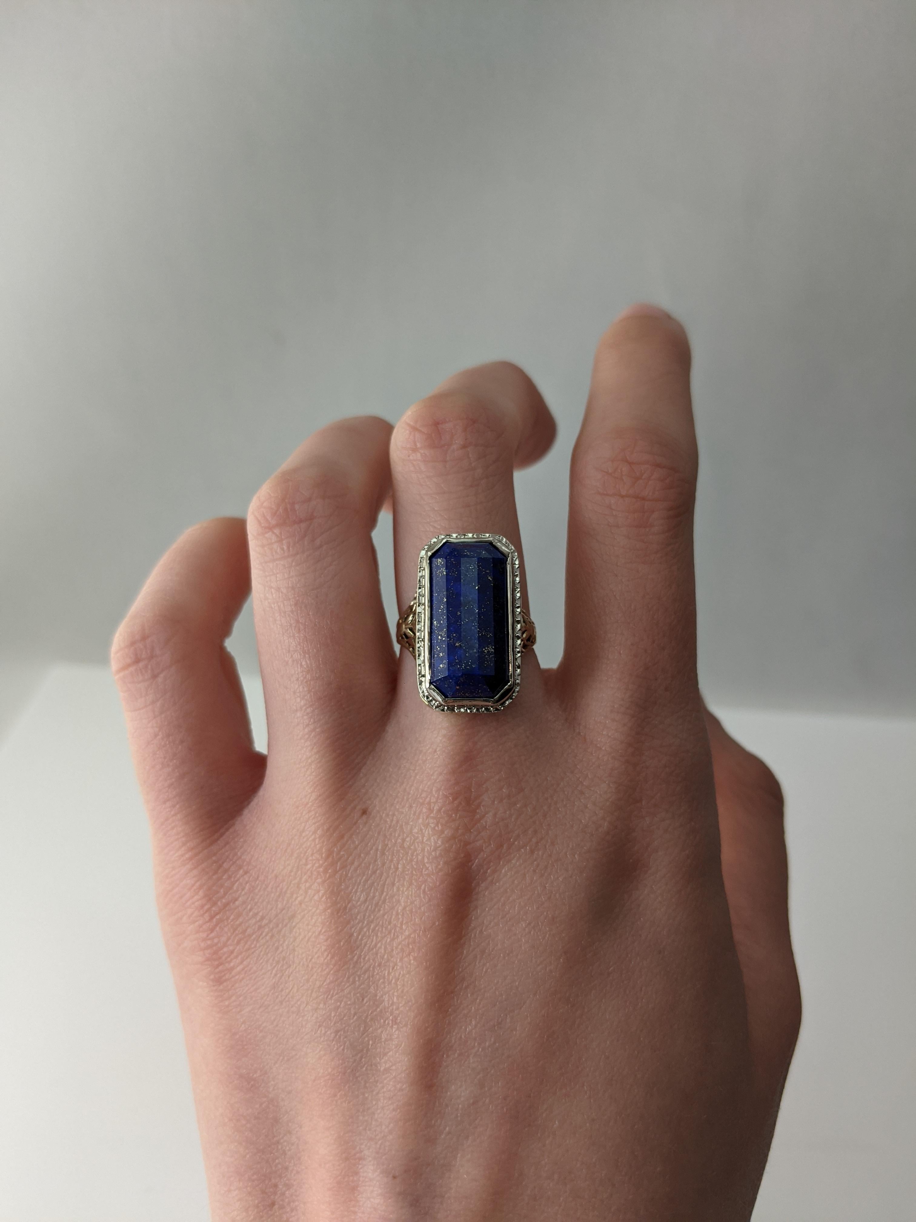 Edwardian 14K White and Green Gold Filigree Faceted Blue Lapis Statement Ring 4