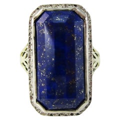 Edwardian 14K White and Green Gold Filigree Faceted Blue Lapis Statement Ring