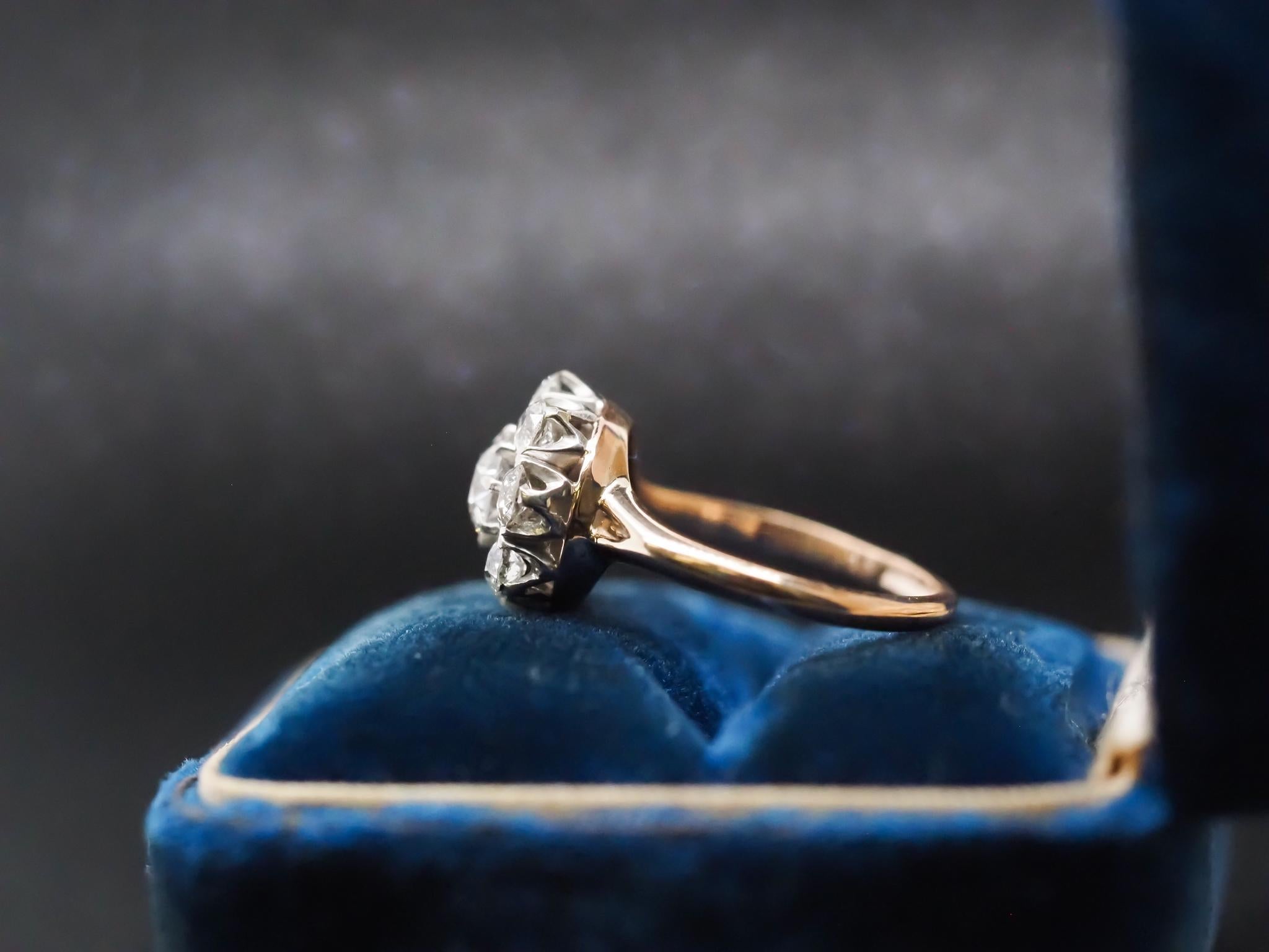 Anello edoardiano a cluster di diamanti in oro giallo 14K e platino In condizioni buone in vendita a Hicksville, NY