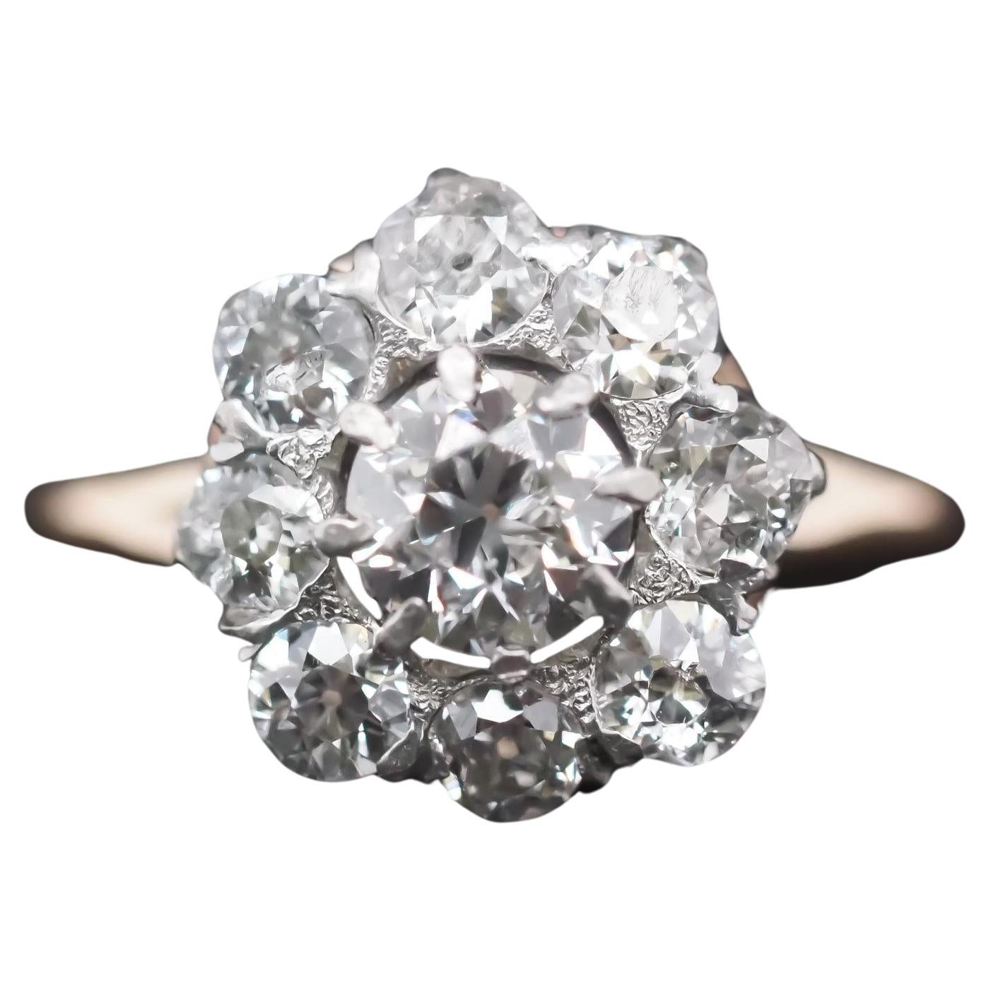 Edwardian 14K Yellow Gold and Platinum Diamond Cluster Halo Ring