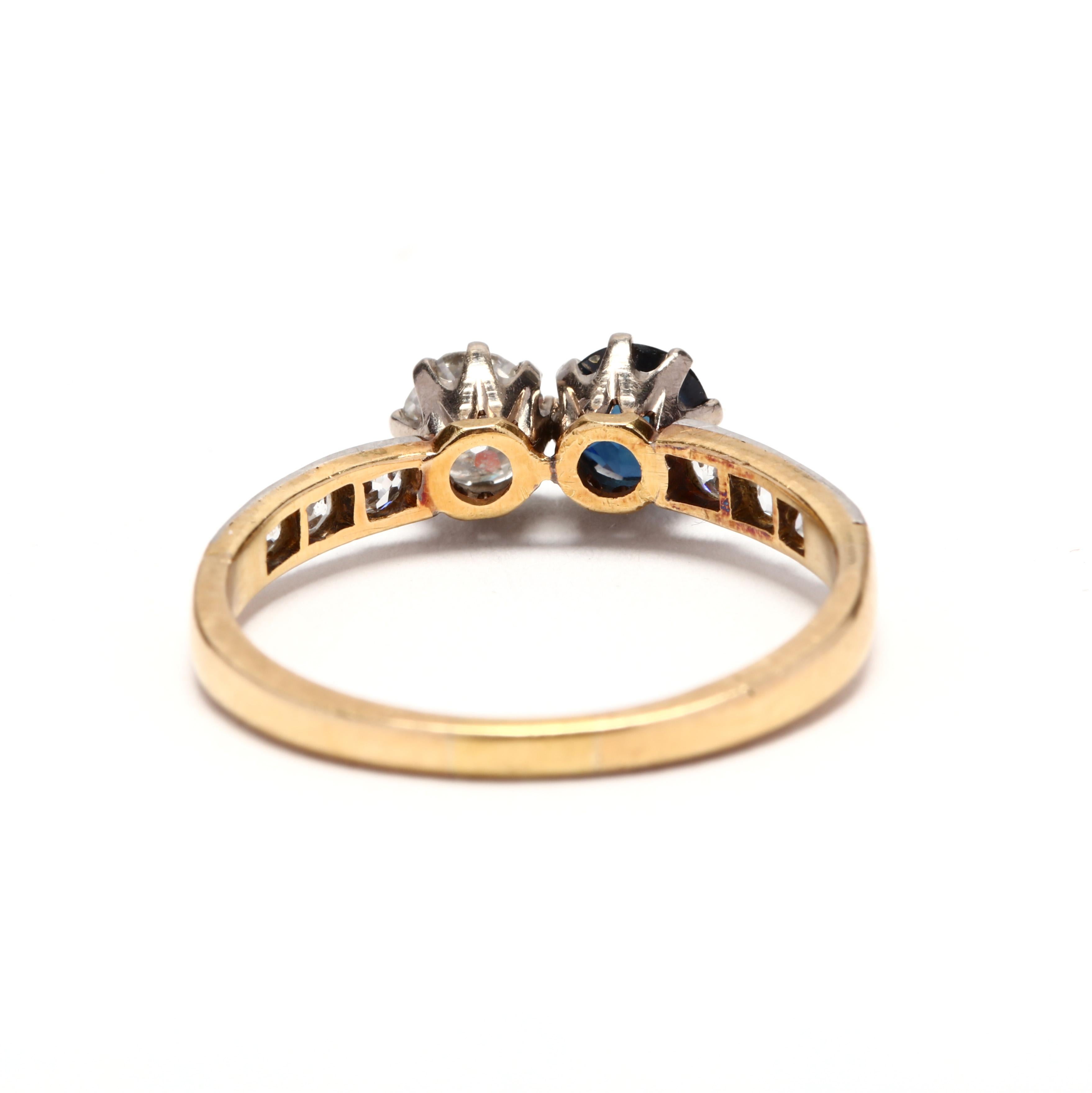 Old European Cut Edwardian 14 Karat Bi-Color Gold Diamond and Sapphire Toi et Moi Ring