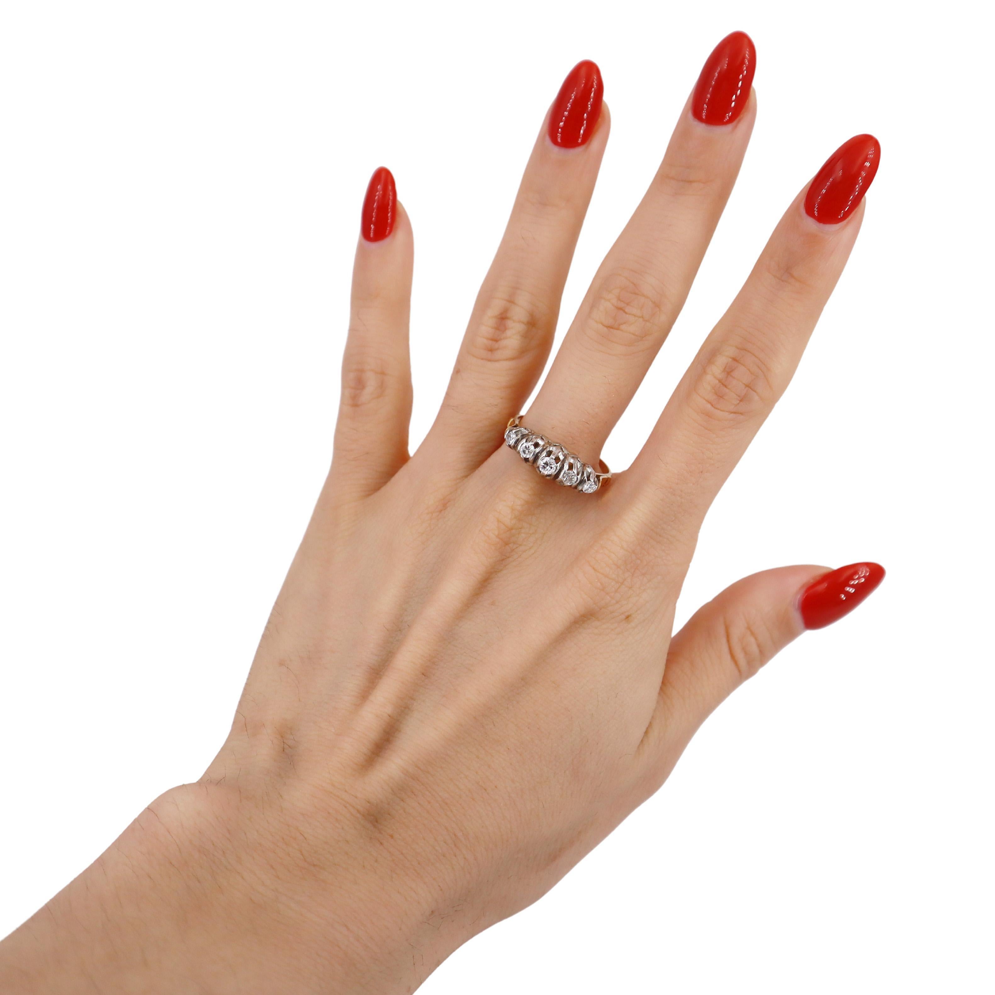 Round Cut Edwardian 14kt Gold and Platinum 5 Diamonds Ring For Sale