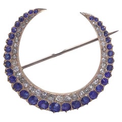 Antique 15kt Gold Sapphire and Diamond Crescent Brooch