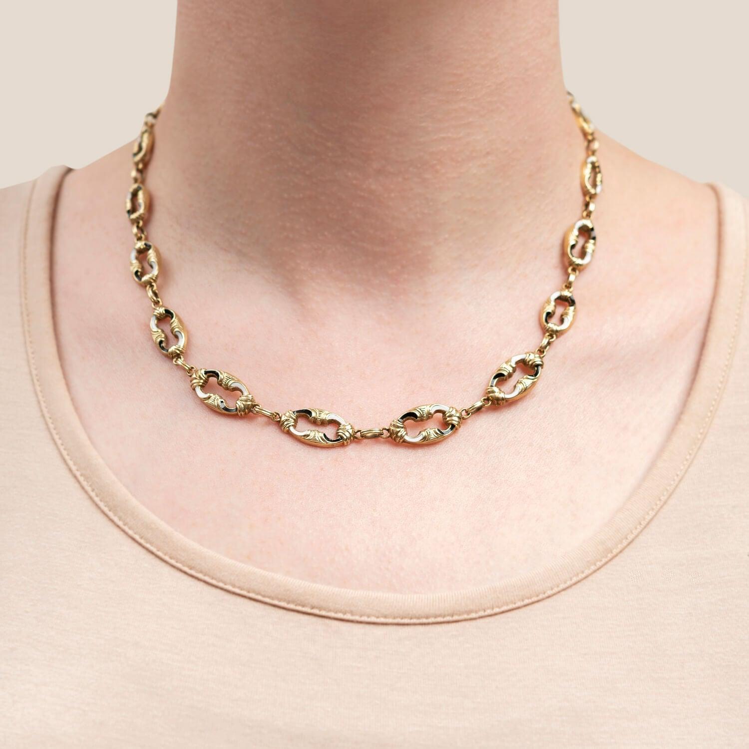 Edwardian 14kt Swiss Enamel Open Link Chain Necklace For Sale 1