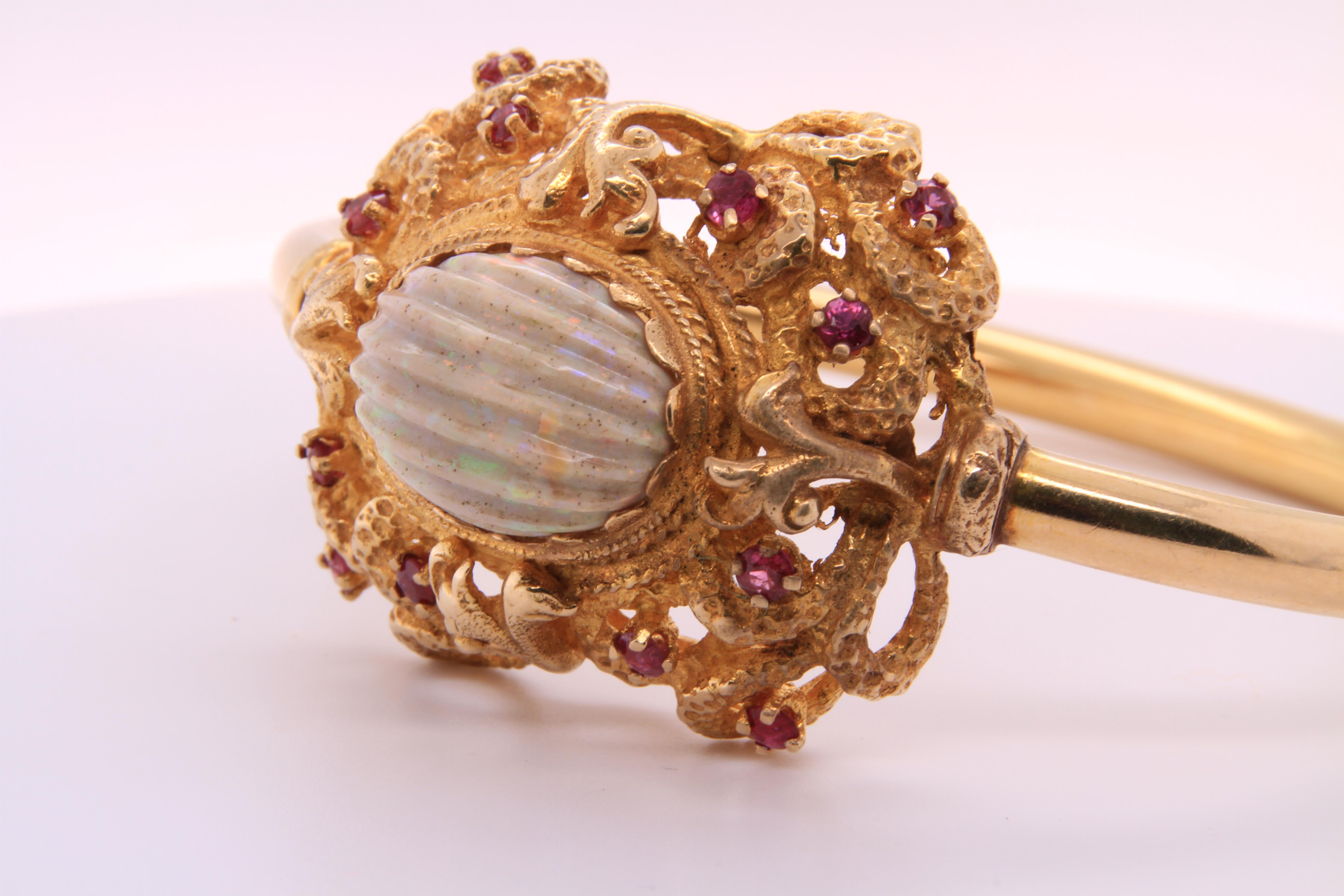Edwardian, 14kt Yellow Gold Ruby and Textured Vintage Opal Vintage Bracelet 7