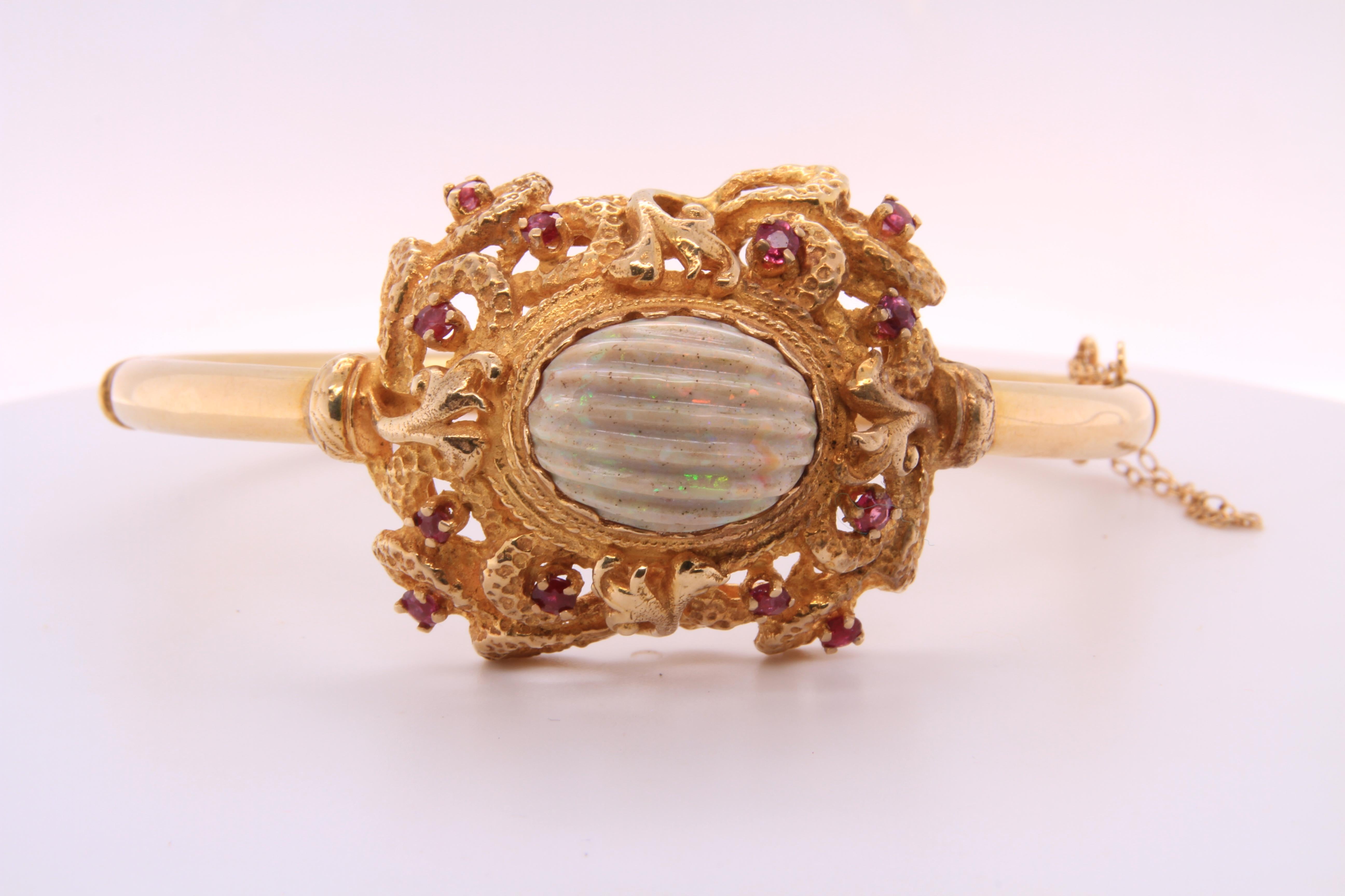 Edwardian, 14kt Yellow Gold Ruby and Textured Vintage Opal Vintage Bracelet 8