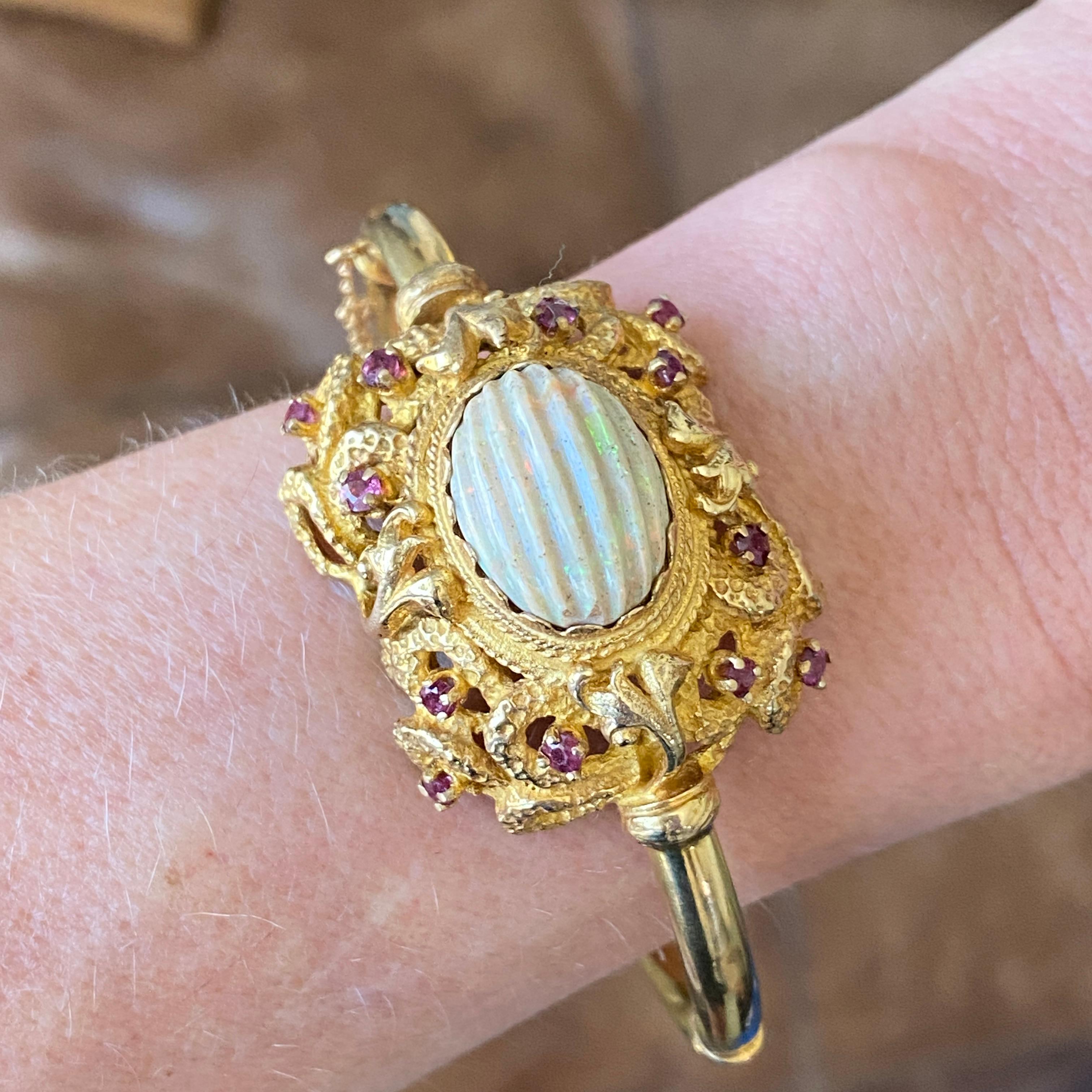 Oval Cut Edwardian, 14kt Yellow Gold Ruby and Textured Vintage Opal Vintage Bracelet