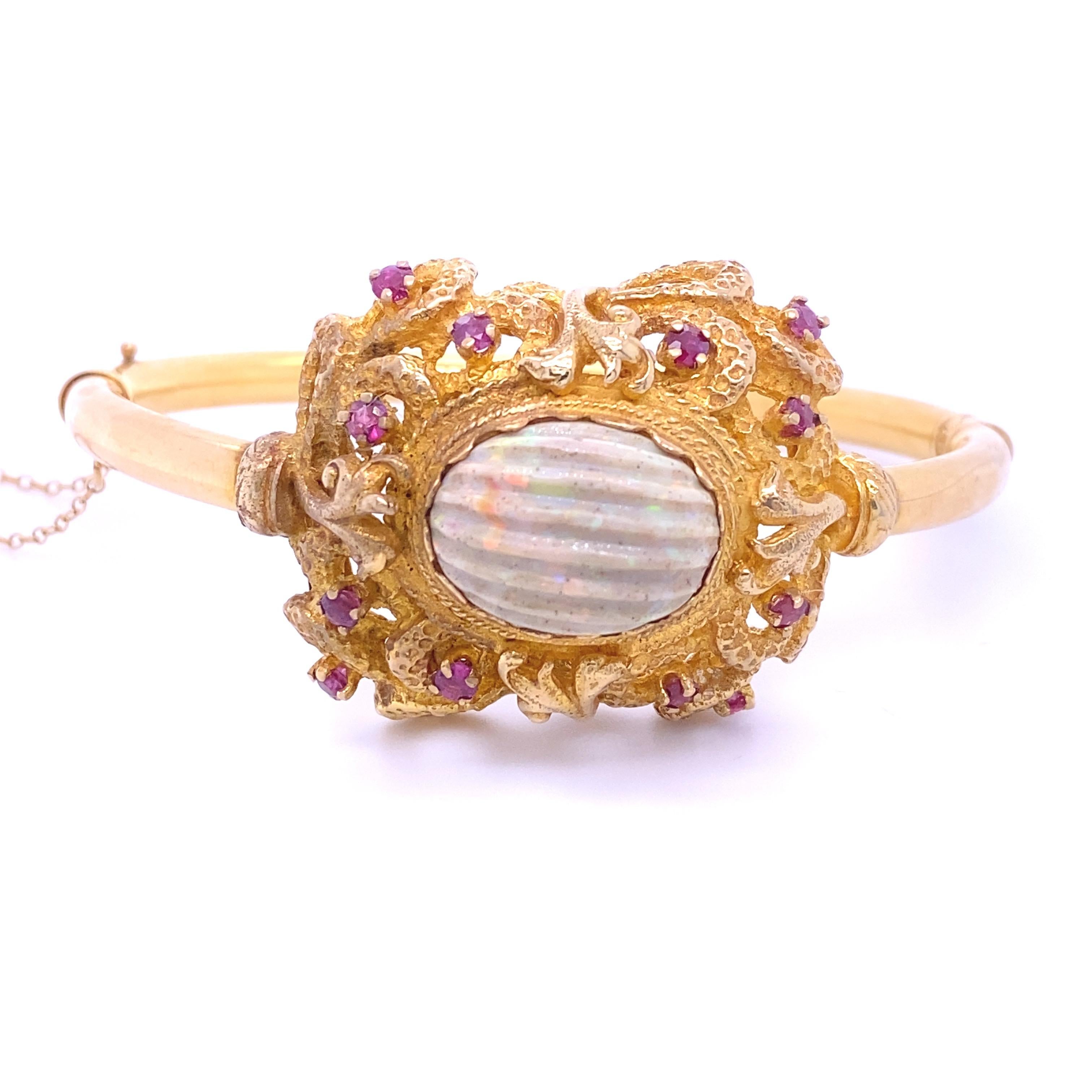 Edwardian, 14kt Yellow Gold Ruby and Textured Vintage Opal Vintage Bracelet 1