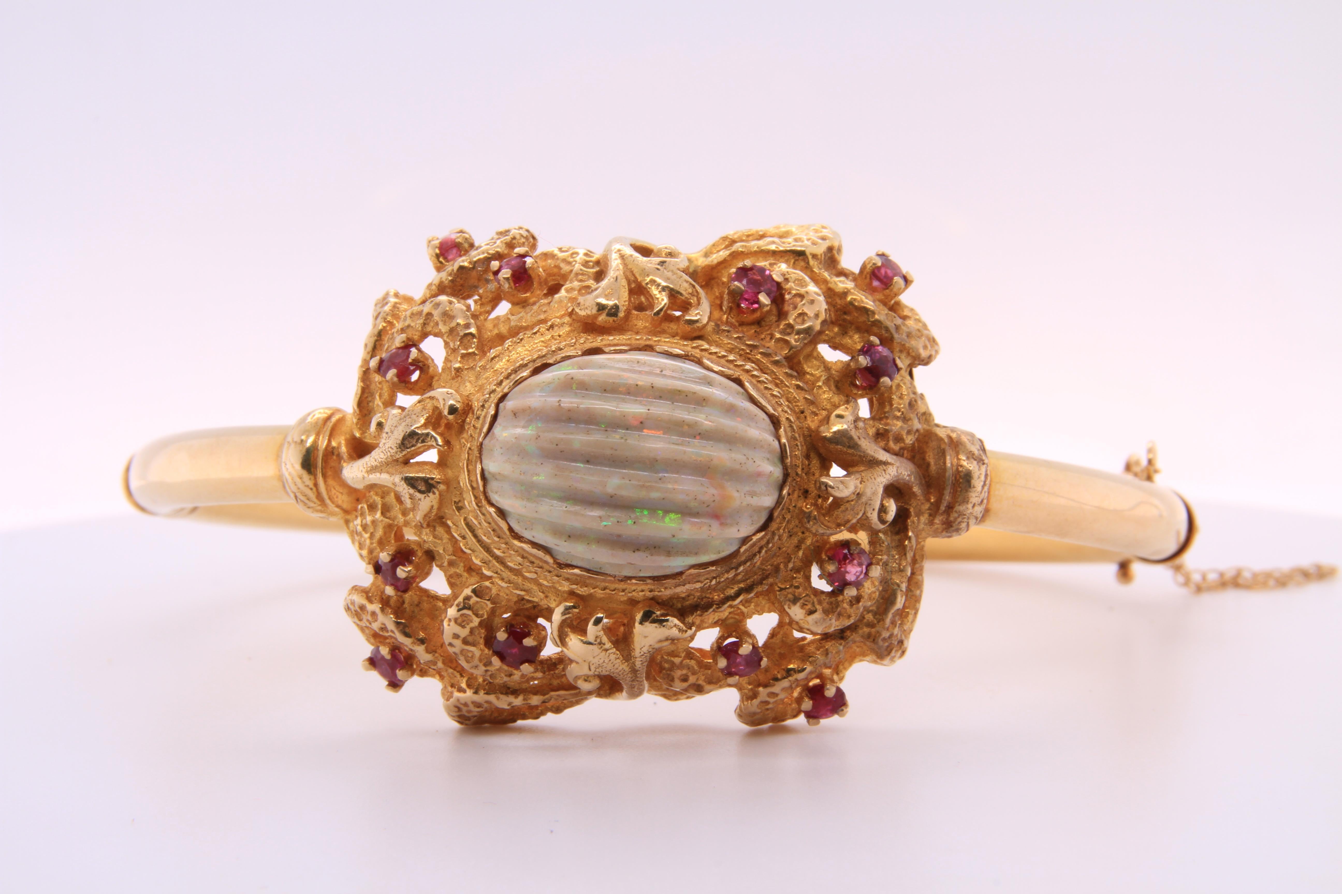 Edwardian, 14kt Yellow Gold Ruby and Textured Vintage Opal Vintage Bracelet 2