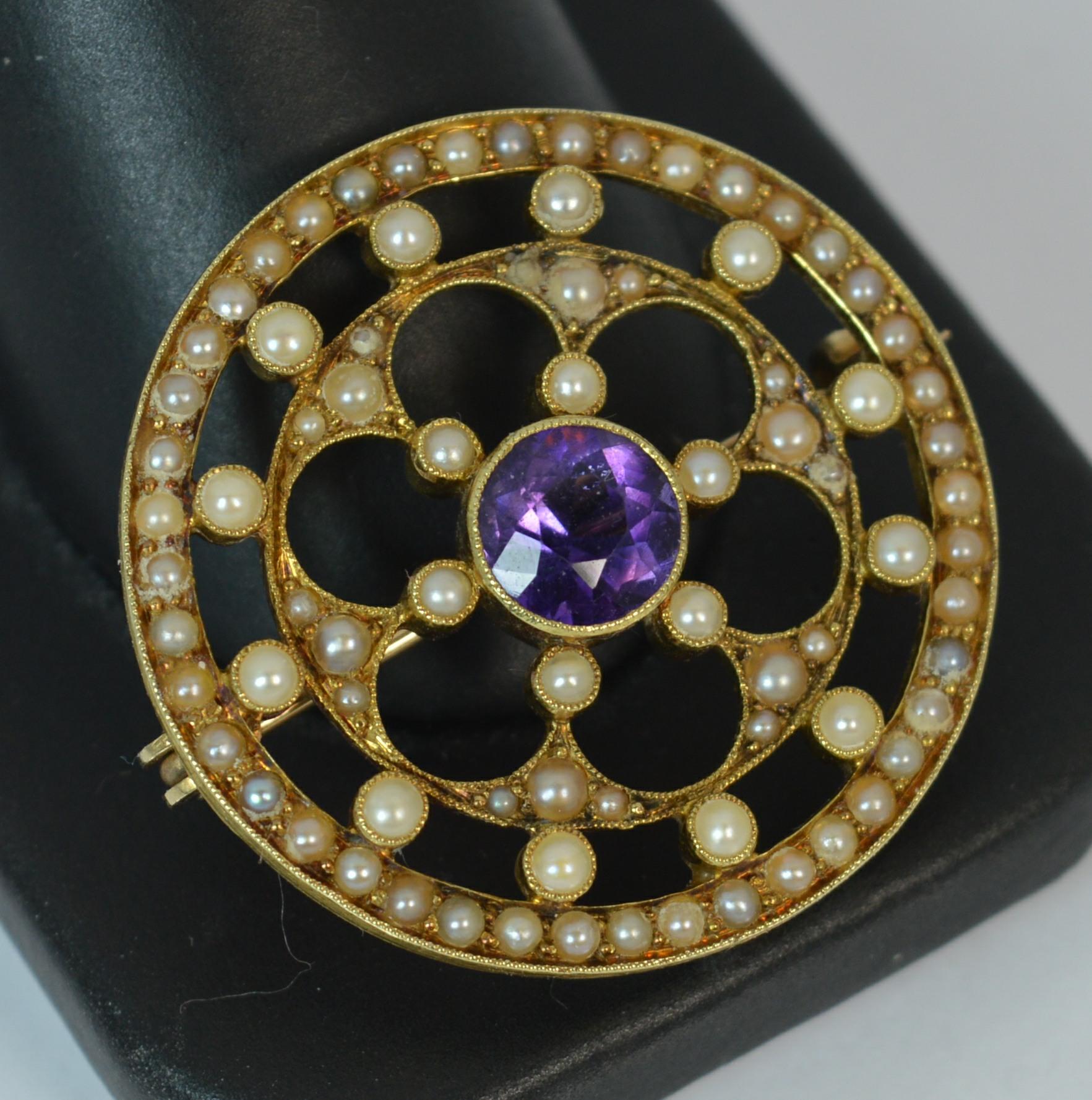 Edwardian 15 Carat Gold Amethyst Seed Pearl Suffragette Disc Brooch In Excellent Condition In St Helens, GB