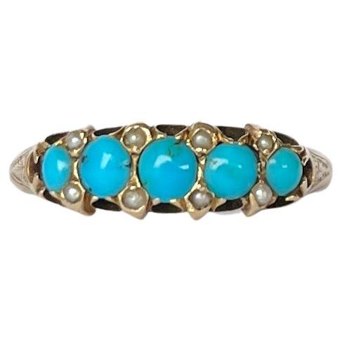 Edwardian 15 Carat Gold Turquoise and Pearl Five-Stone Ring