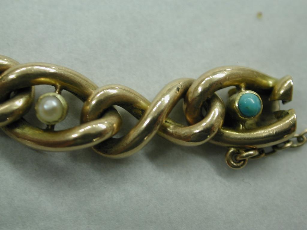 Edwardian 15 Ct Gold Kandare Armband mit Cabochon Perlen und Türkis:: c.1900 (Rundschliff)