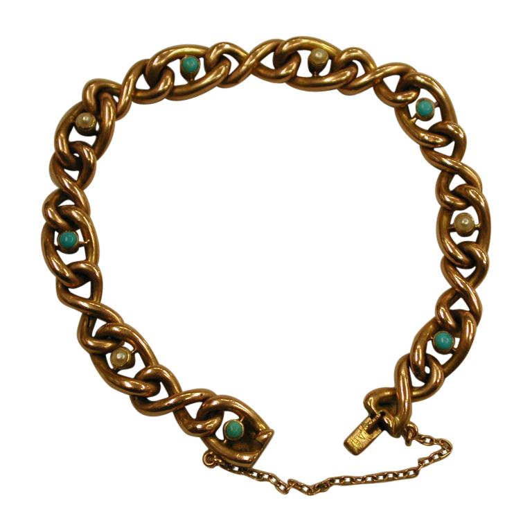 Edwardian 15 Ct Gold Kandare Armband mit Cabochon Perlen und Türkis:: c.1900