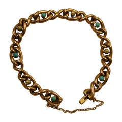 Edwardian 15 Ct Gold Curb Bracelet Set with Cabochon Pearls and Turquoise, c.1900