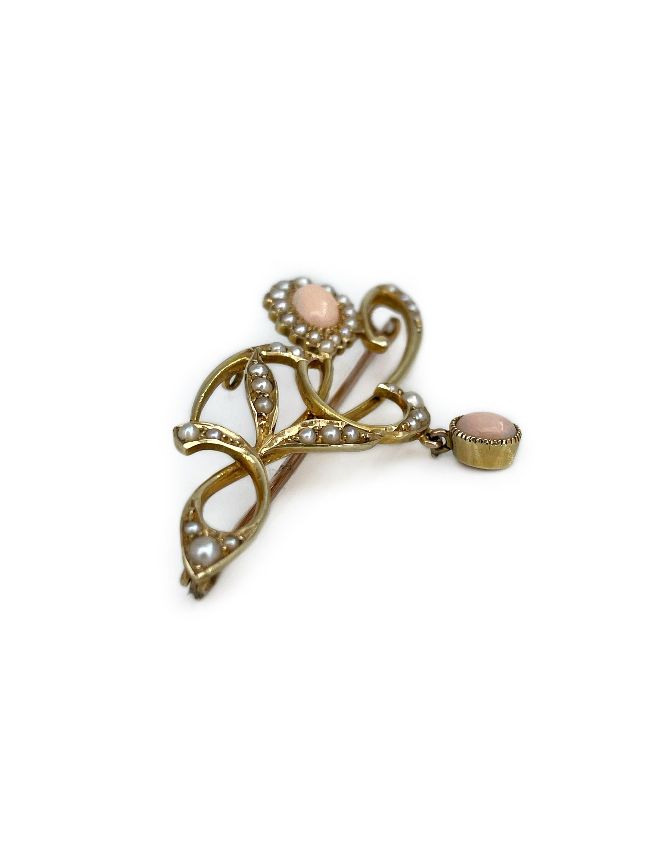 Taille mixte Broche édouardienne en or 15 carats avec perles de rocaille et am designs floraux en vente