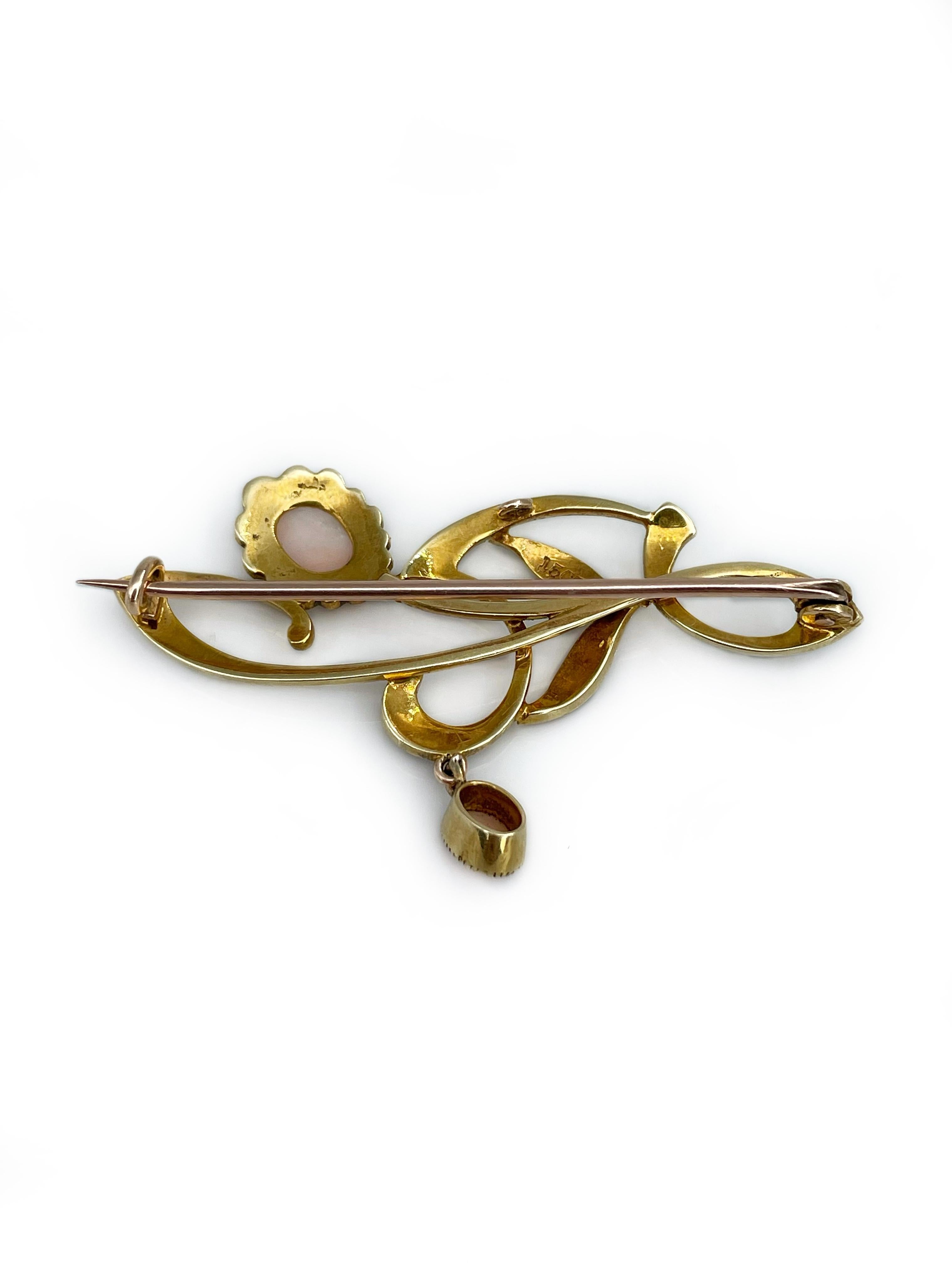 Women's Edwardian 15 Karat Gold Seed Pearl Floral Design Pin Brooch For Sale