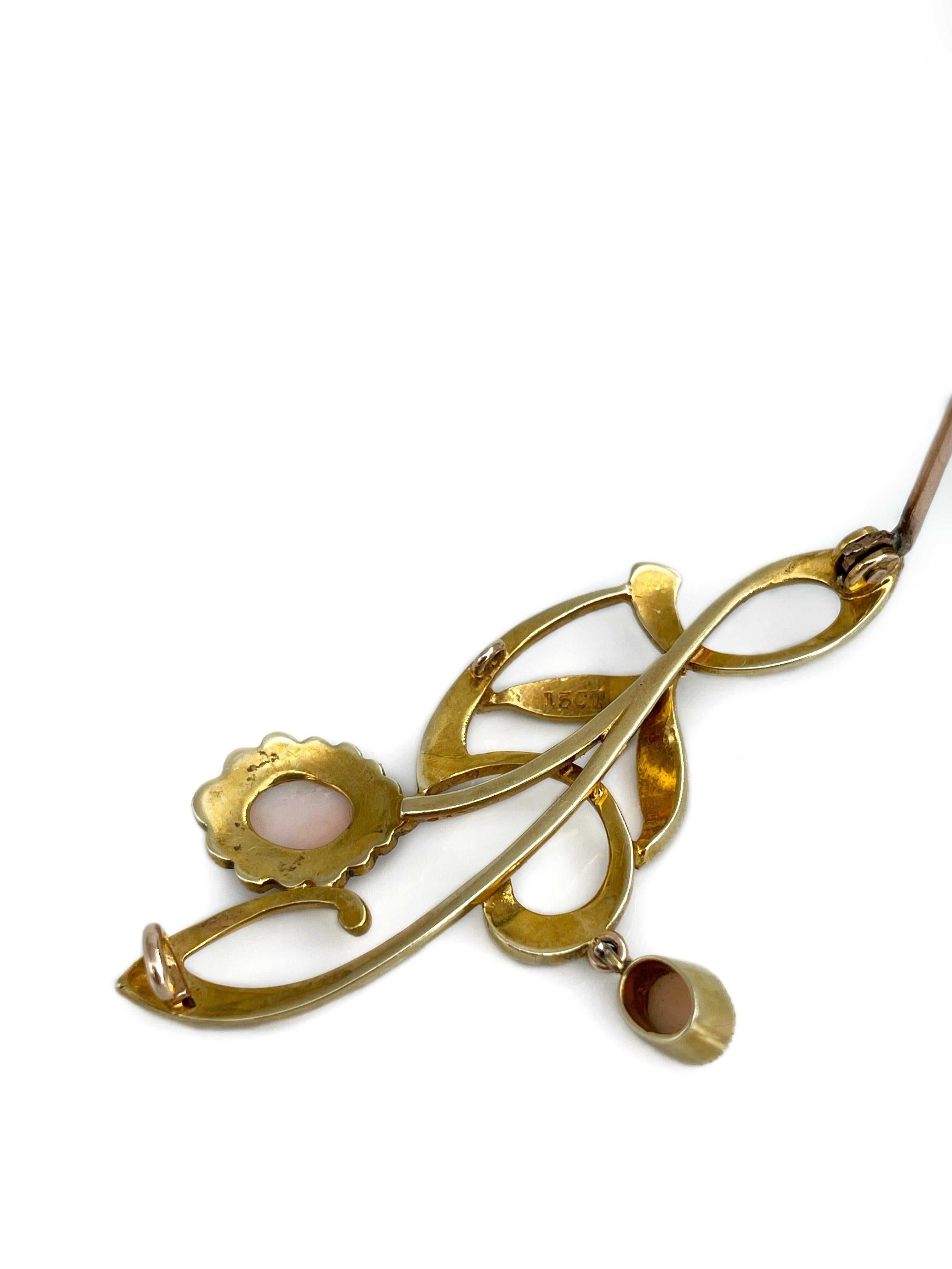 Edwardian 15 Karat Gold Seed Pearl Floral Design Pin Brooch For Sale 1