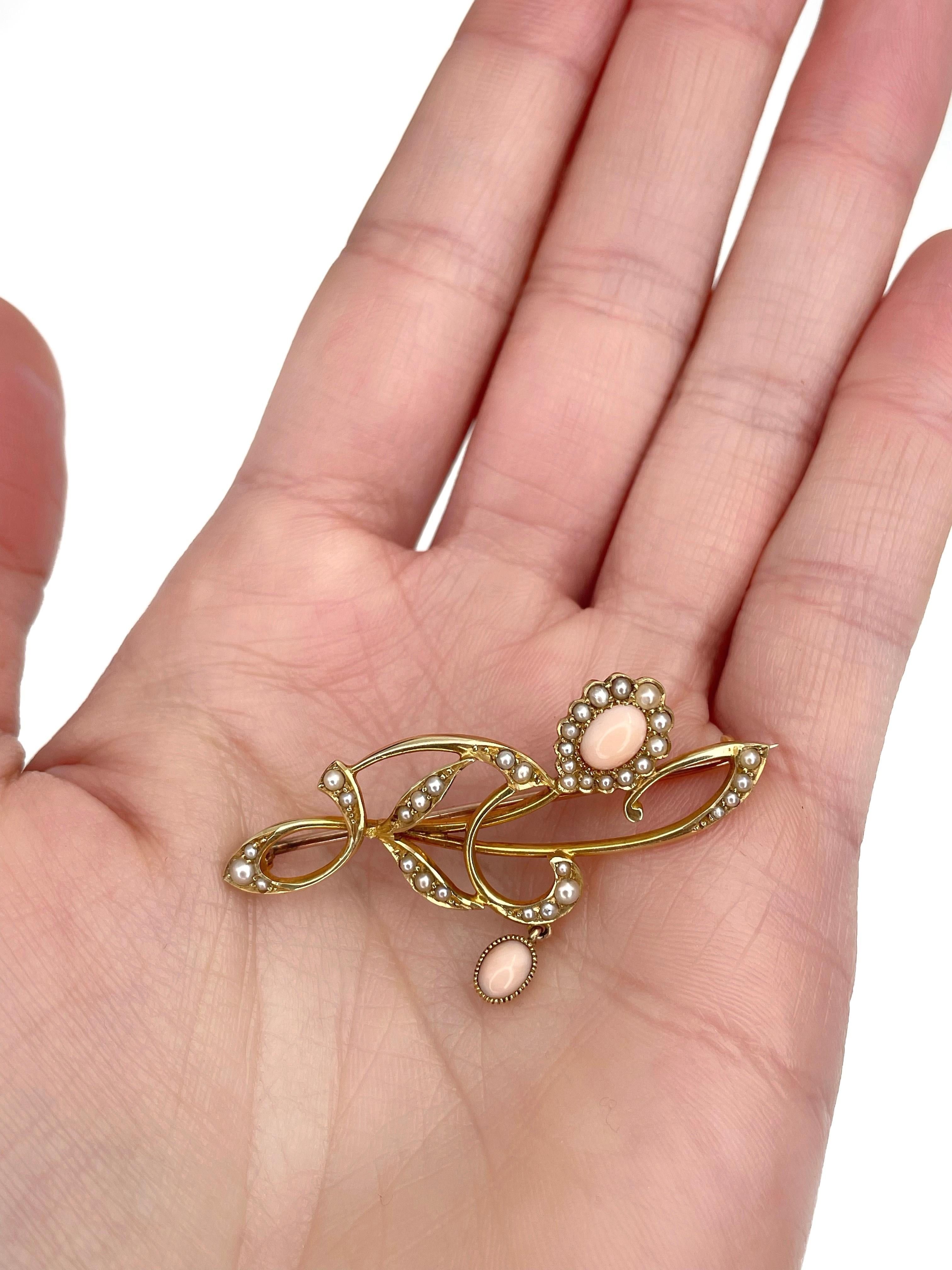 Edwardian 15 Karat Gold Seed Pearl Floral Design Pin Brooch For Sale 2