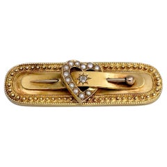 Edwardian 15 Karat Gold Diamond Pearl Heart Needle Stitch Pin Brooch