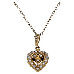 Edwardian 15 Karat Gold Seed Pearl Heart Pendant Necklace