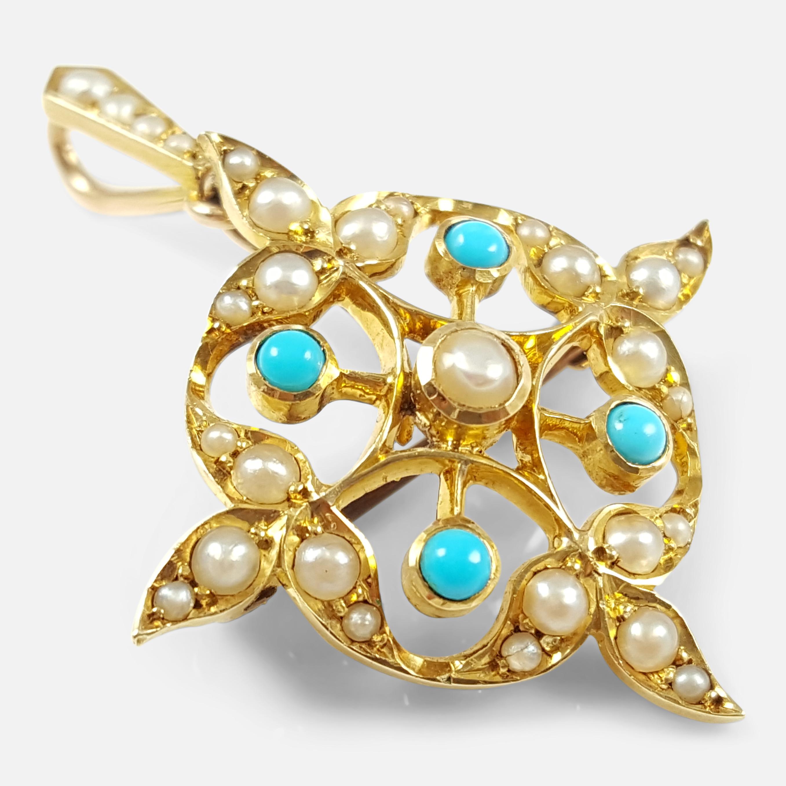 An Edwardian 15 karat yellow gold turquoise cabochon & seed pearl pendant & brooch. The pendant is stamped 15ct to denote 15 karat (carat) gold.

Date: - Circa 1905.

Measurement: - The pendant including bale measure 3.7 cm (height) x 2.8 cm