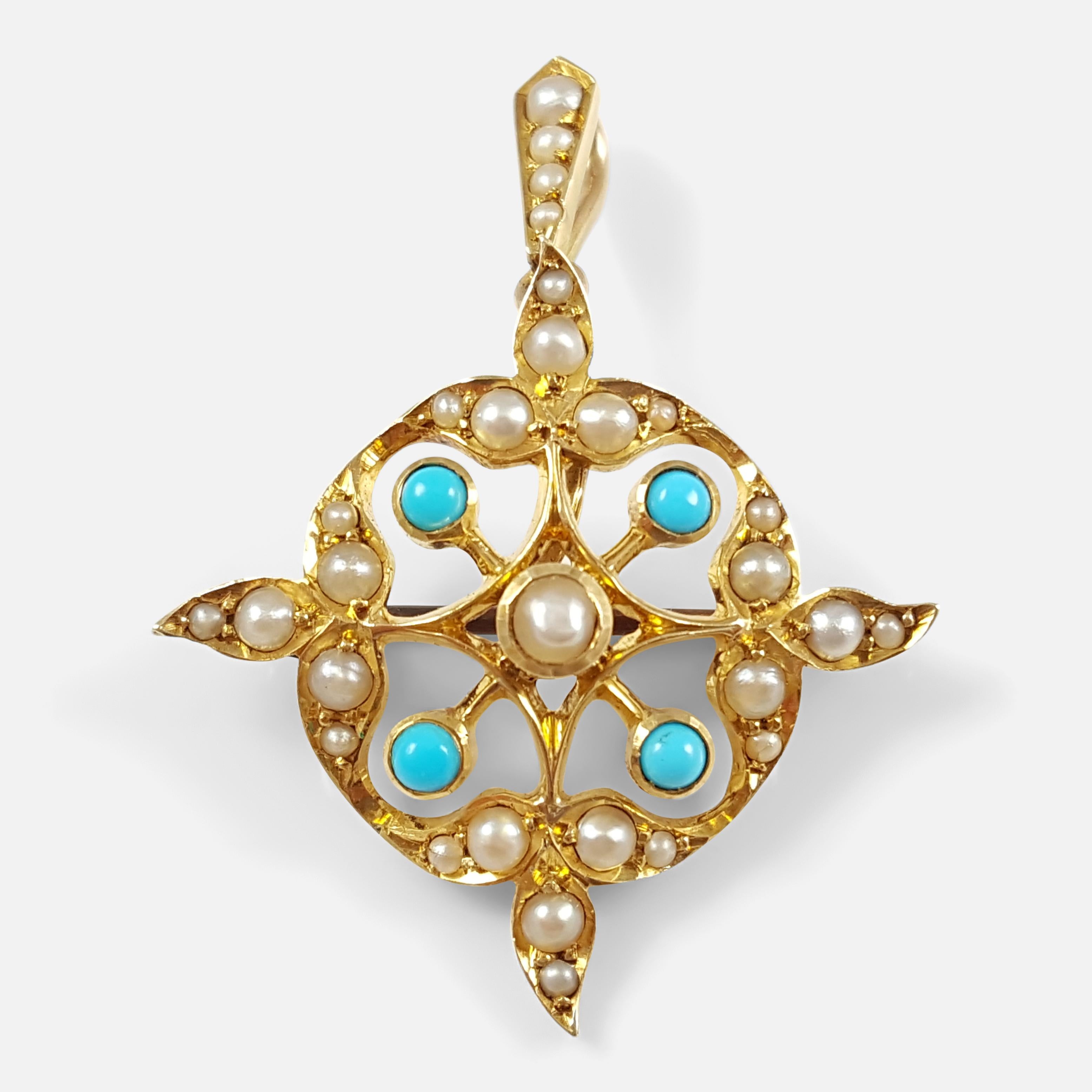 Edwardian 15 Karat Gold Turquoise Cabochon and Seed Pearl Pendant Brooch In Good Condition In Glasgow, GB